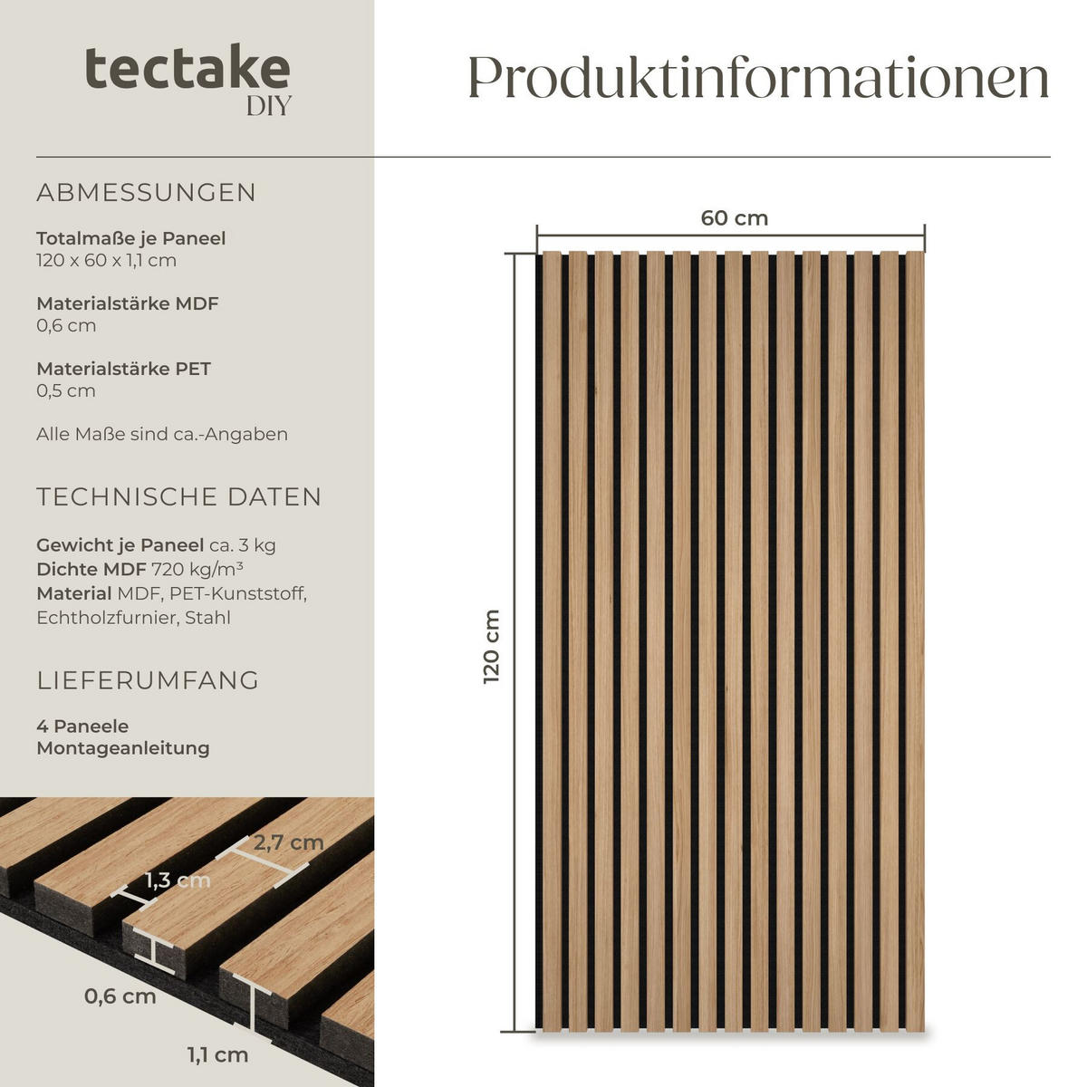 AKUSTIKPANEELE 4er Set Sonic Wall Iii, je 120 x 60 x 1,1 cm, Größe flexibel anpassbar, Eiche - Eichefarben, Holz (60/1.1/120cm) - tectake