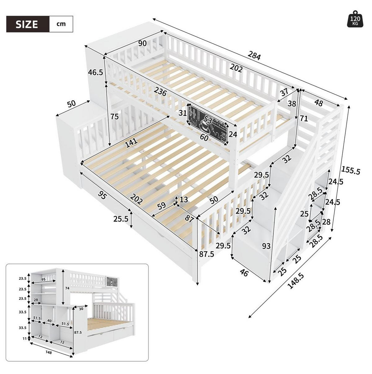 ETAGENBETT 140/200 cm mit Treppe und Aufbewahrungseinheiten weiß - Weiß, Holz (140/200cm) - OKWISH