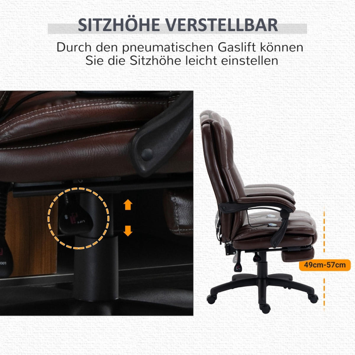 DREHSTUHL 68,5/68,5/113-121 cm, Massagefunktion, Kunstleder, braun - Braun, Kunststoff (68.5/121/68.5cm) - Redom