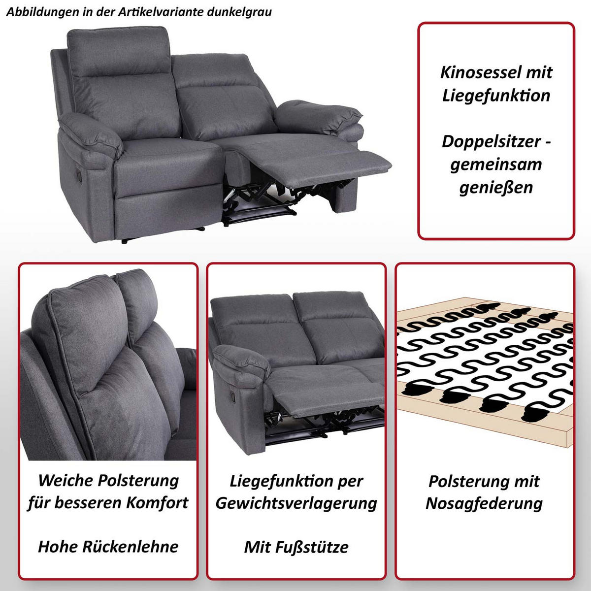 2ER-KINOSESSEL Grau - Grau, Textil (150/106/164cm) - MCW