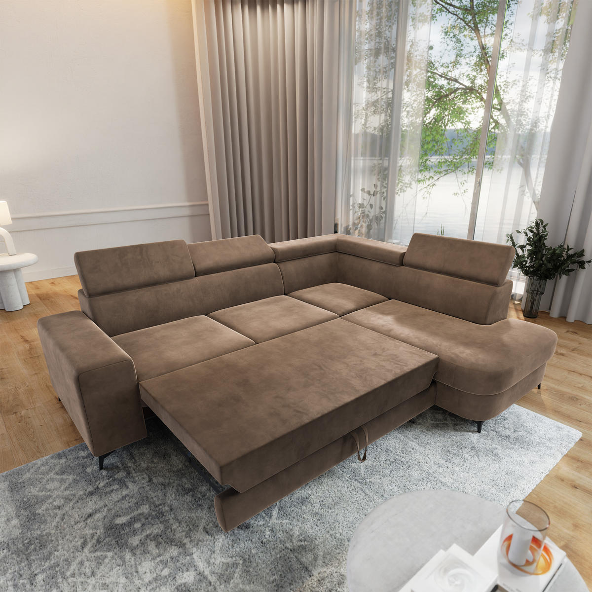 ECKSOFA ALVORO R-S Beige Velours-Stoff mit Schlaffunktion - Beige, Holz (253/190cm) - MASSENO