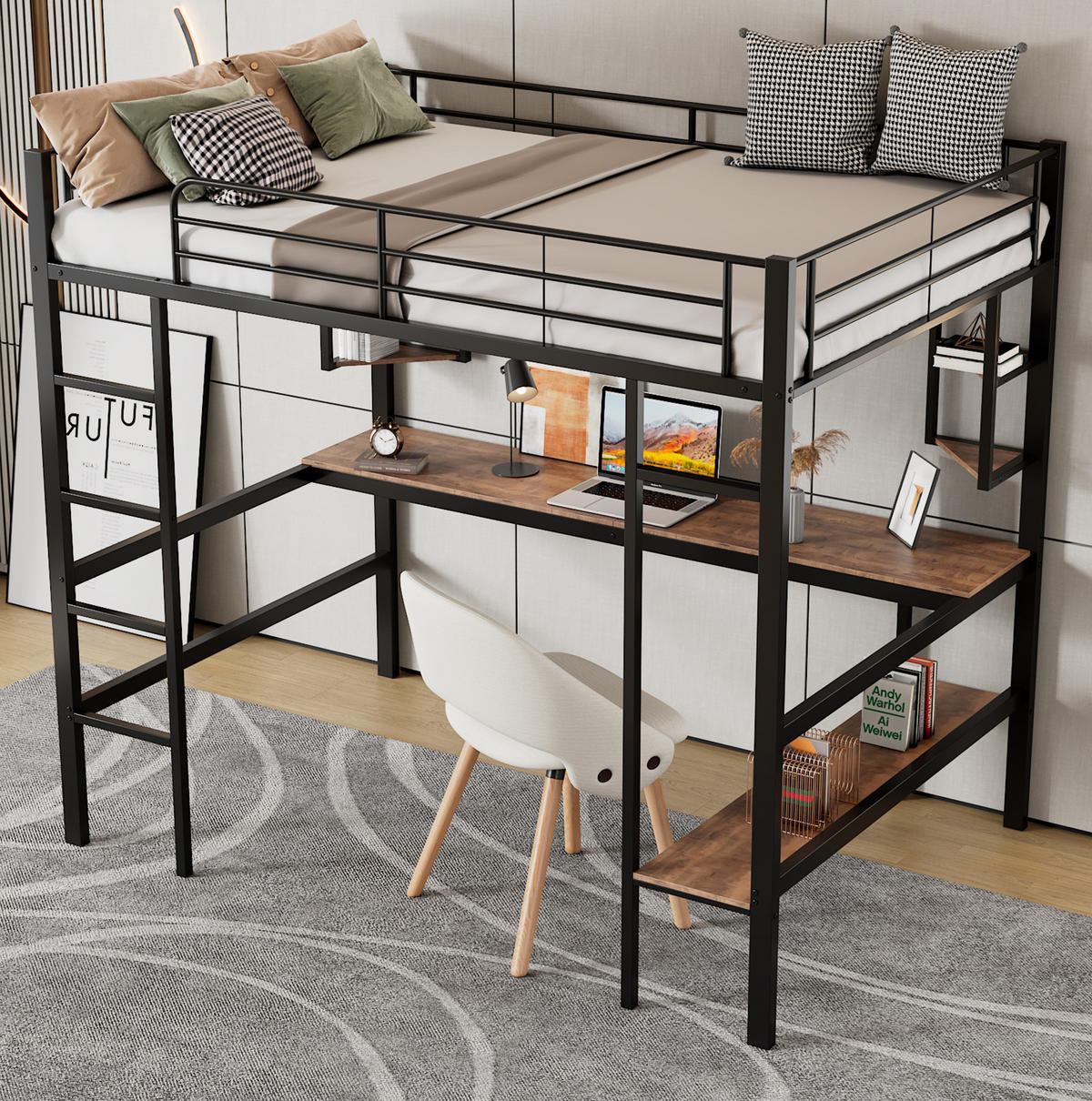 HOCHBETT 90/200 cm mit Schreibtisch, 4 Regalen und Bücherregal aus Metall, Schwarz - Schwarz, Metall (90/200cm) - Redom