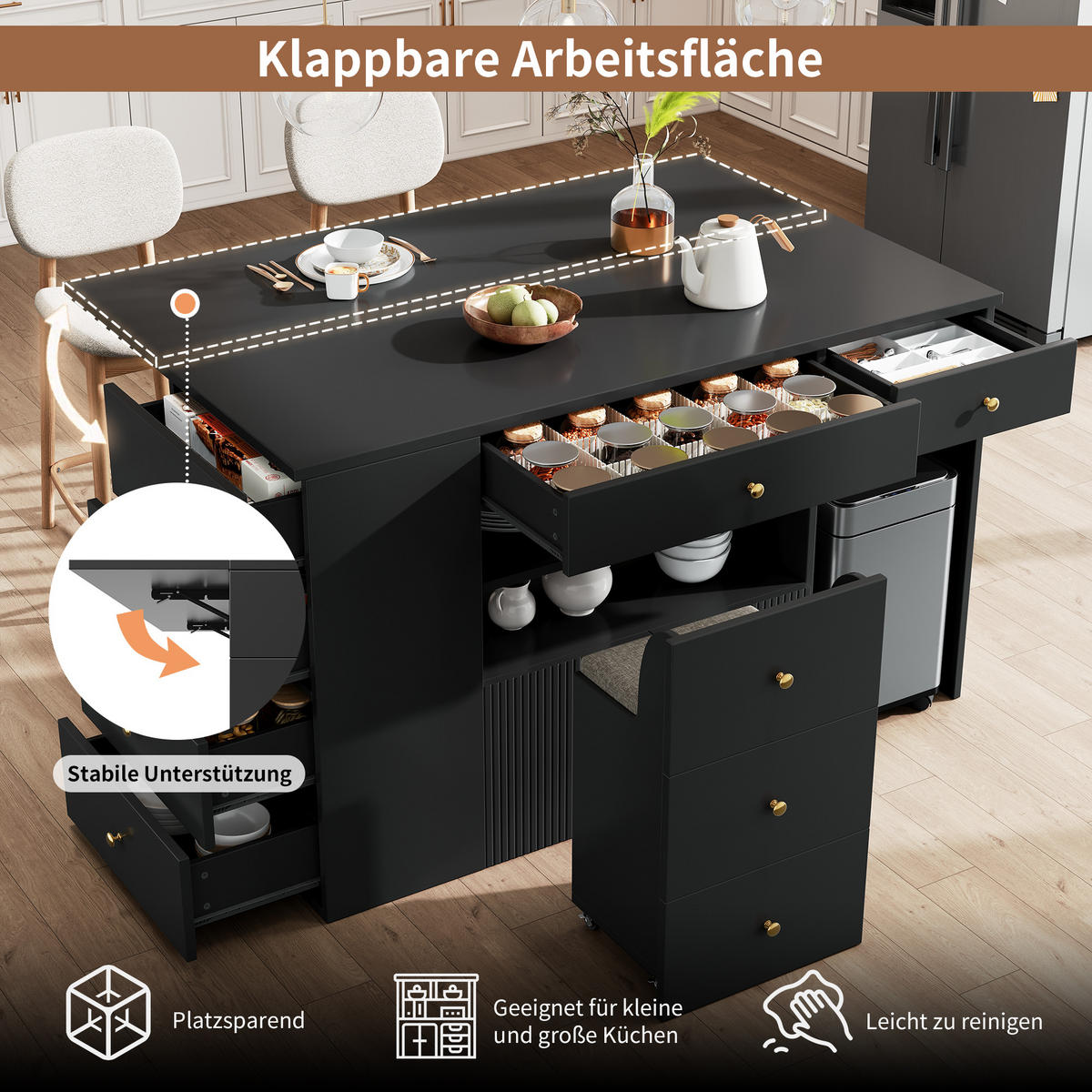 KÜCHENINSEL 140x70x89cm Schwarz mit 6 Schubladen, Hocker & Metallgriffen - Schwarz, Holzwerkstoff (140/89/70cm) - Modfu