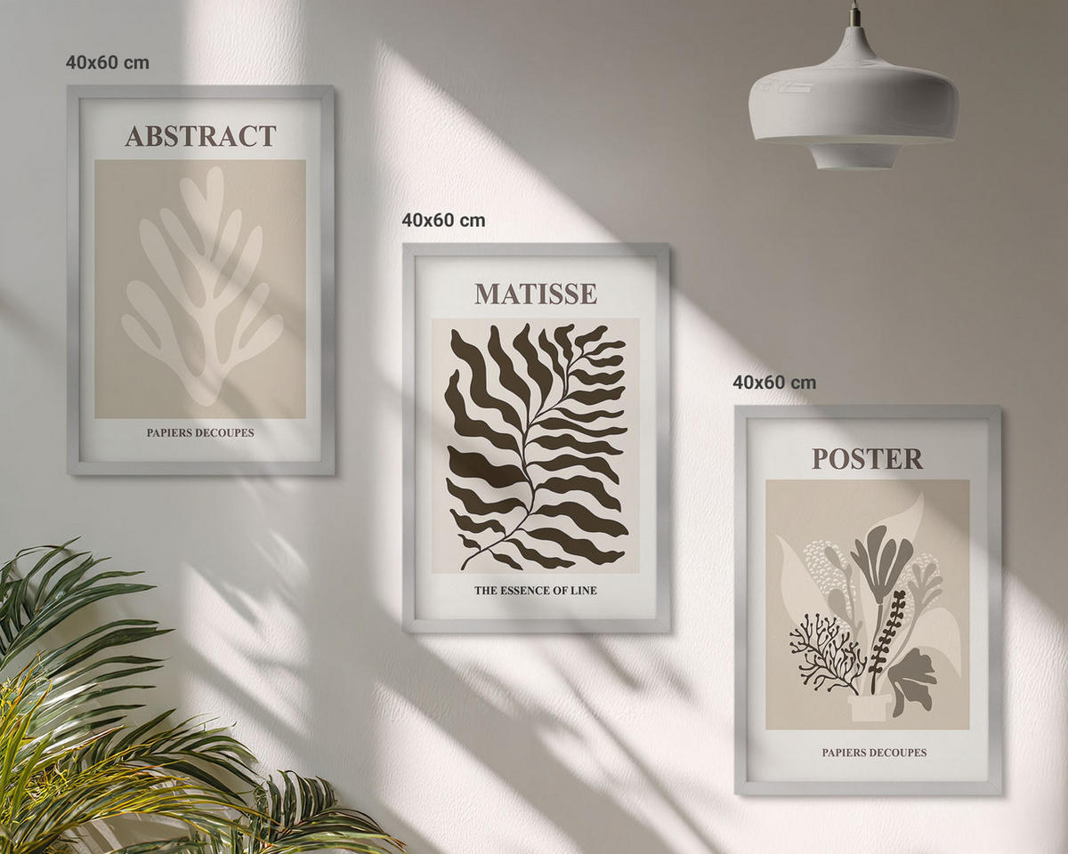 BILDER SET 3er Set - 40x60 cm Silberner Rahmen - Beige-braune Pflanzenmuster - Silberfarben, Kunststoff (40/60cm) - TULUP