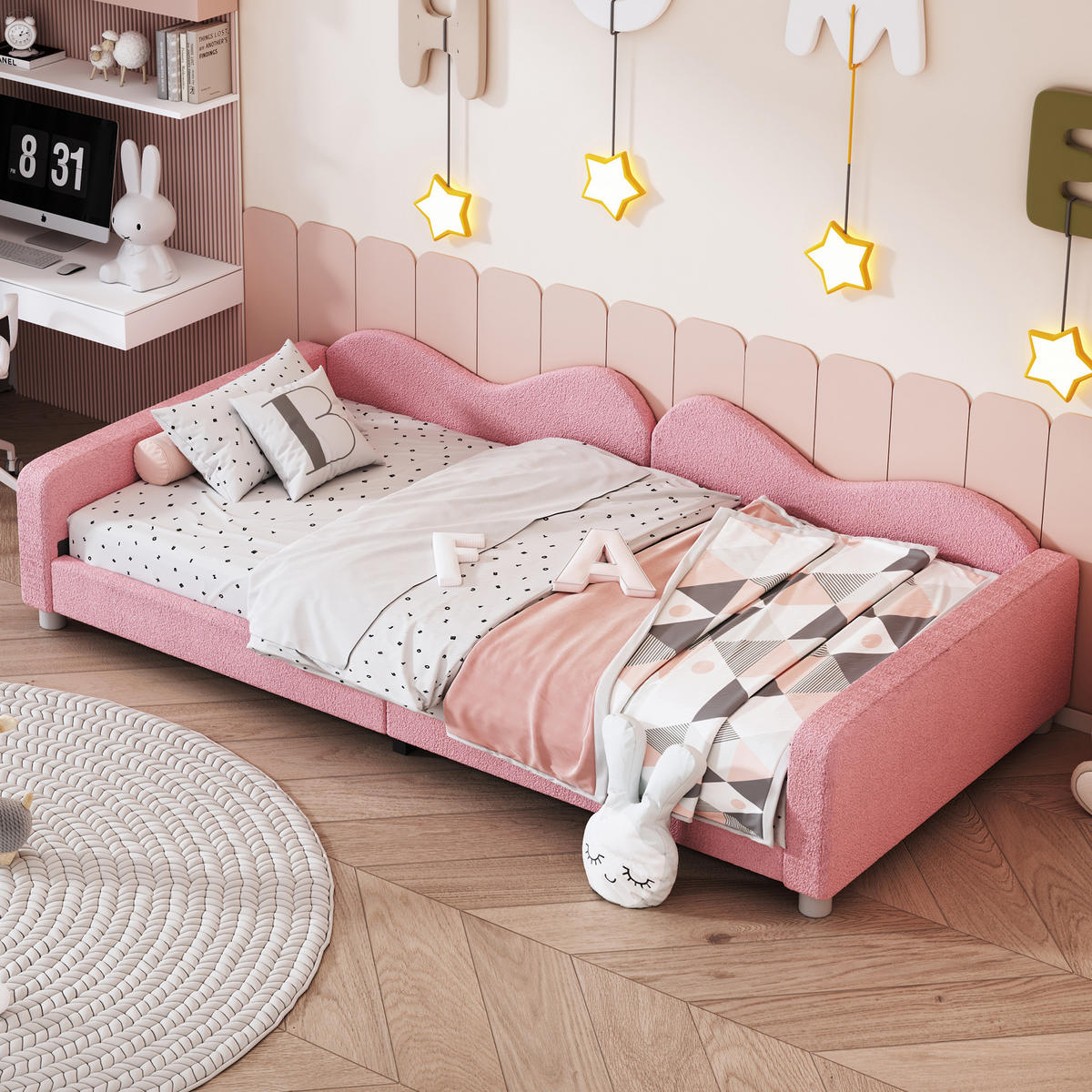 KINDERBETT 90/200 cm in Rosa mit Teddystoff und Rückenlehne - Rosa, Textil (90/200cm) - BEAOK