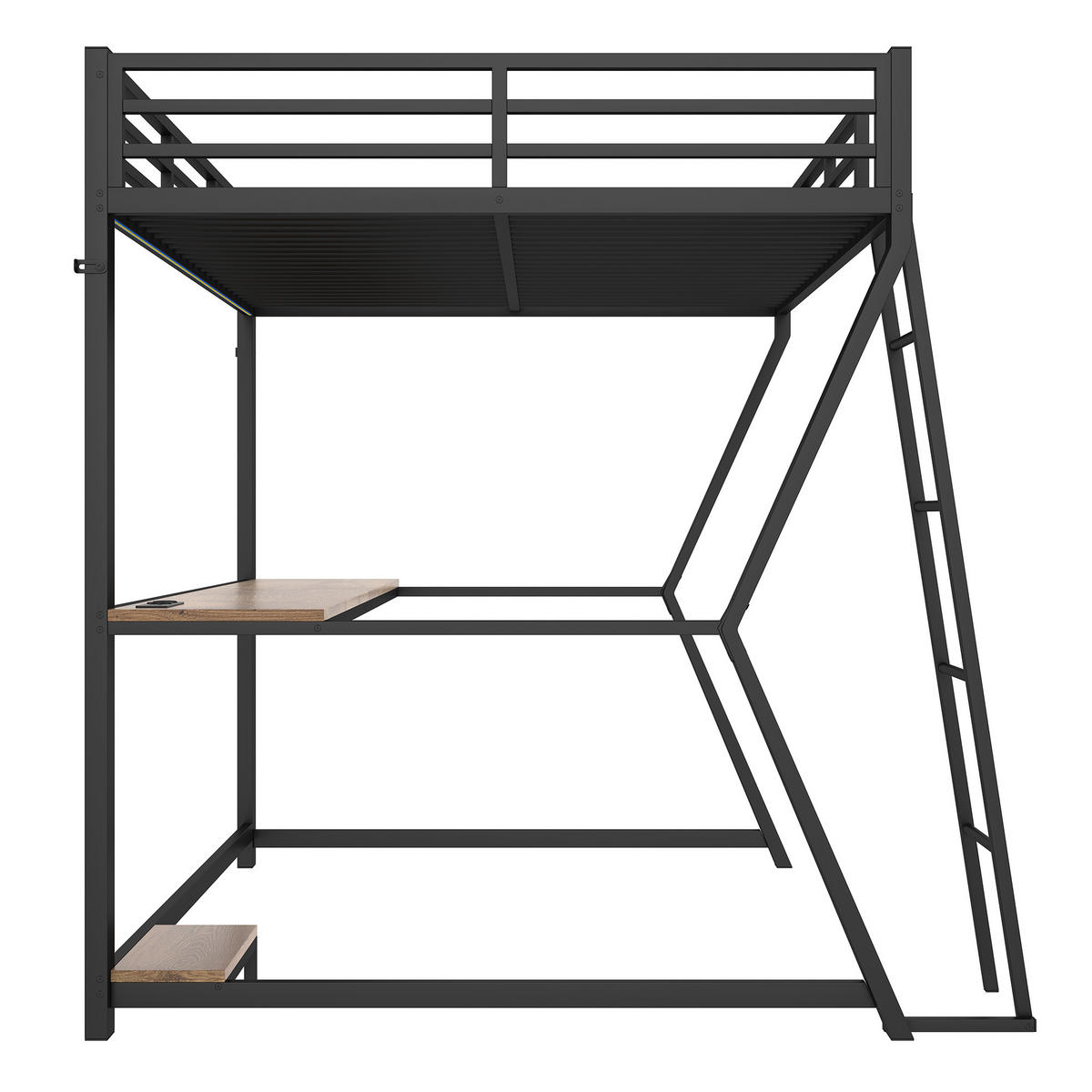 HOCHBETT 140/200 cm in Schwarz mit LED, Schreibtisch, Steckdose und USB - Schwarz, Holzwerkstoff/Metall (140/200cm) - STILVORA