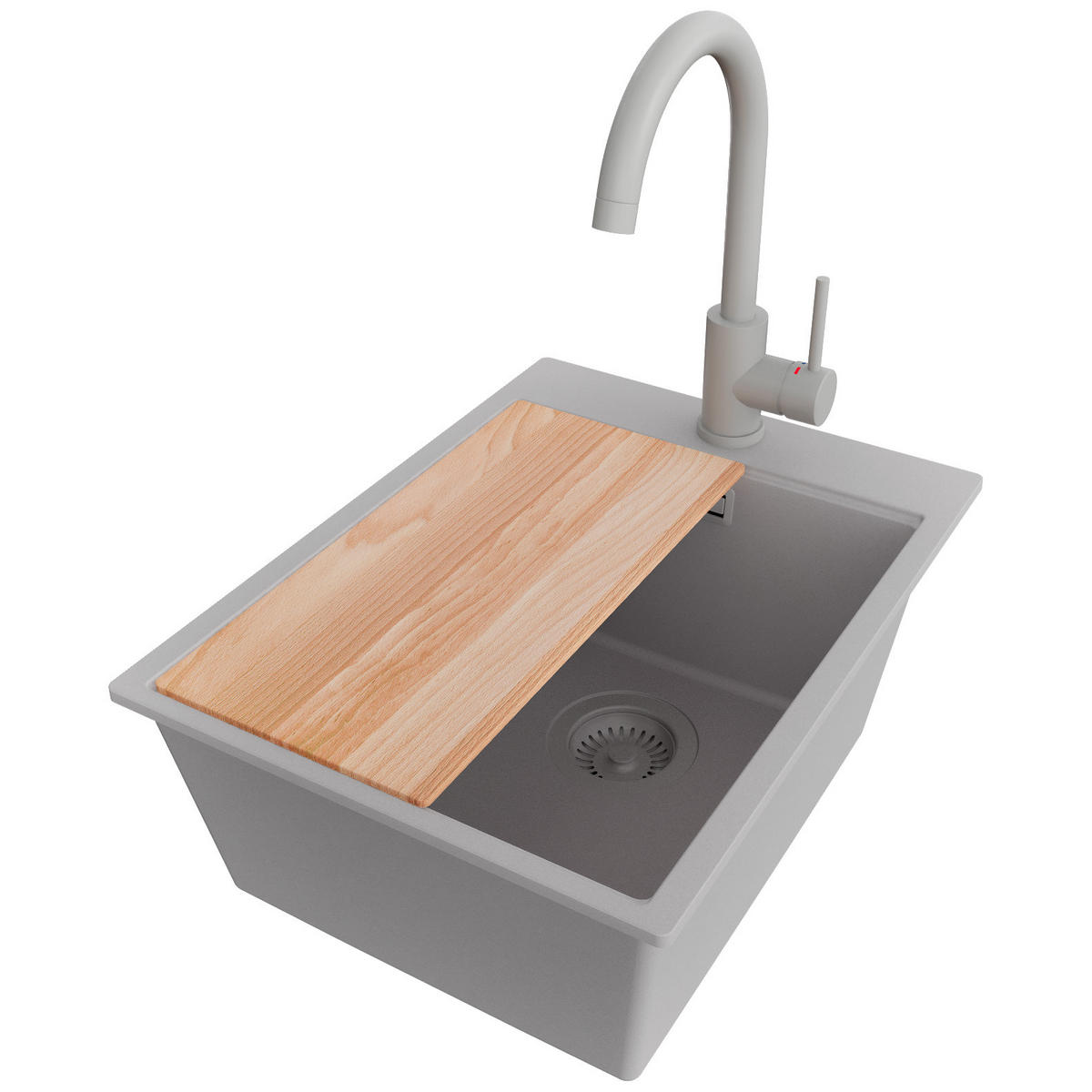 GRANITSPÜLE Oslo, 2-er set Grau 38/50 cm 1 Becken + Küchenarmatur 32/20 cm + Ablauf-Set + Schneidebrett ab 40er Unterschrank - Beige/Grau, Kunststoff (38/20/50cm) - Primagran