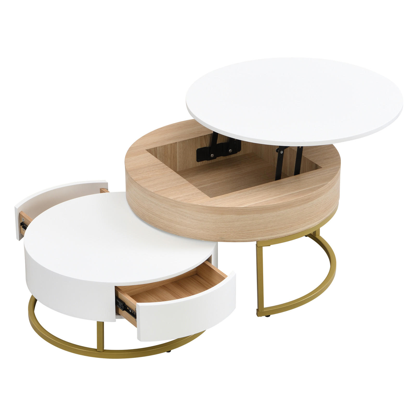 COUCHTISCH rund höhenverstellbar Goldgestell - Weiß, Holz (70/70/56cm) - LEBENLANG