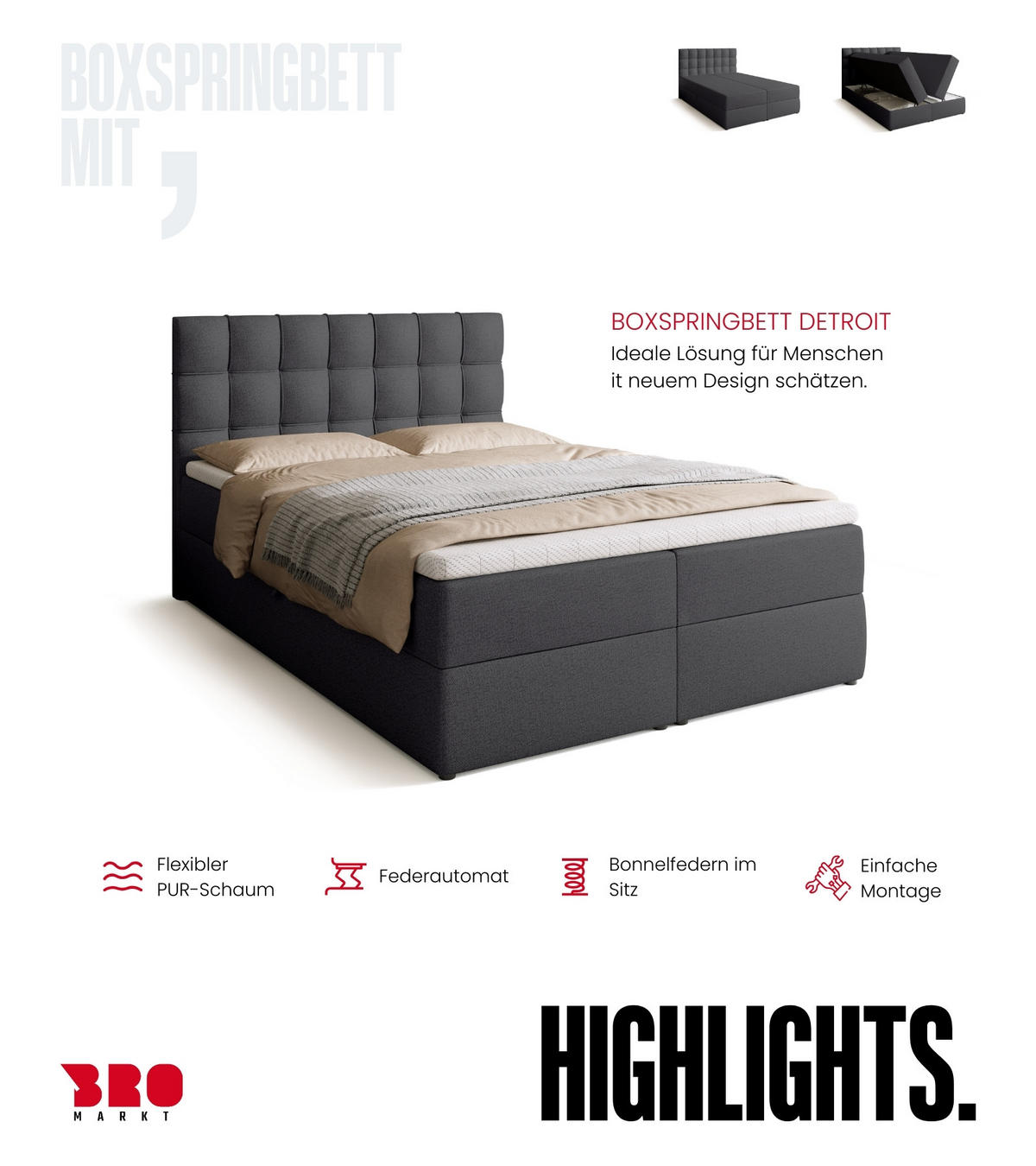 BOXBETT Detroit mit Topper 140/200 Dunkelgrau - Dunkelgrau, Textil (140/200cm) - Bromarkt
