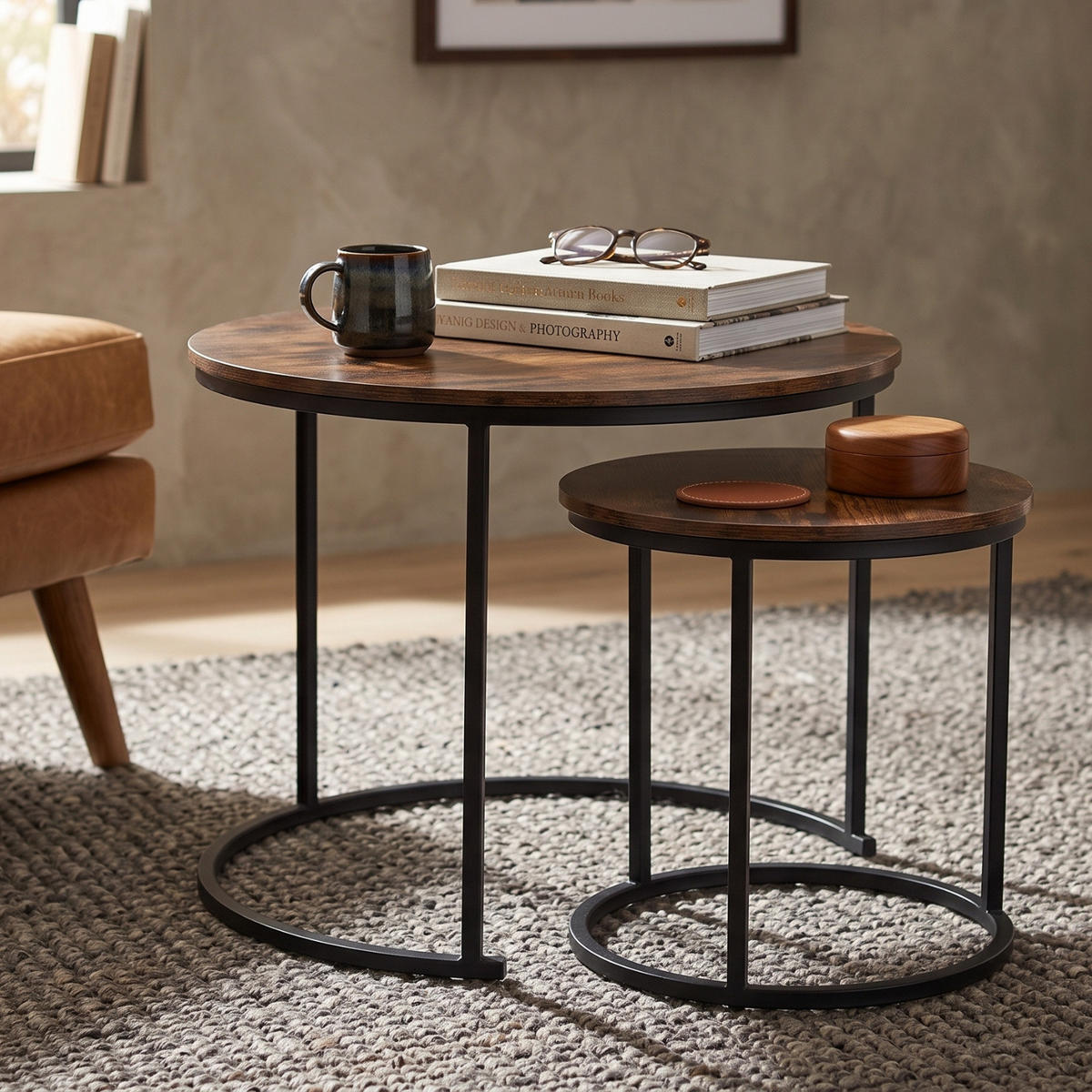 COUCHTISCH 2er-Set rund Schwarz, Dunkelbraun - Braun, Metall (60/60/50cm) - SCENA LIVING