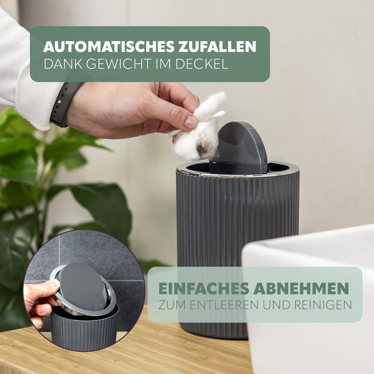 MINI-KOSMETIKEIMER 1,5 Liter, GAVELLO grau, Kunststoff - Grau, Kunststoff (12.5/16.3/12.5cm) - bremermann