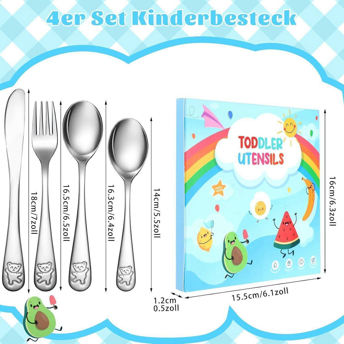 KINDERBESTECK 4-teiliges Set Edelstahl mit Bärenmuster, für Kinder ab 3 Jahre - Silberfarben, Metall