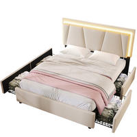 POLSTERBETT 160/200 cm mit LED-Beleuchtung, 4 Schubladen und verstellbarem Kopfteil - Beige, Holz (160/200cm) - BEAOK