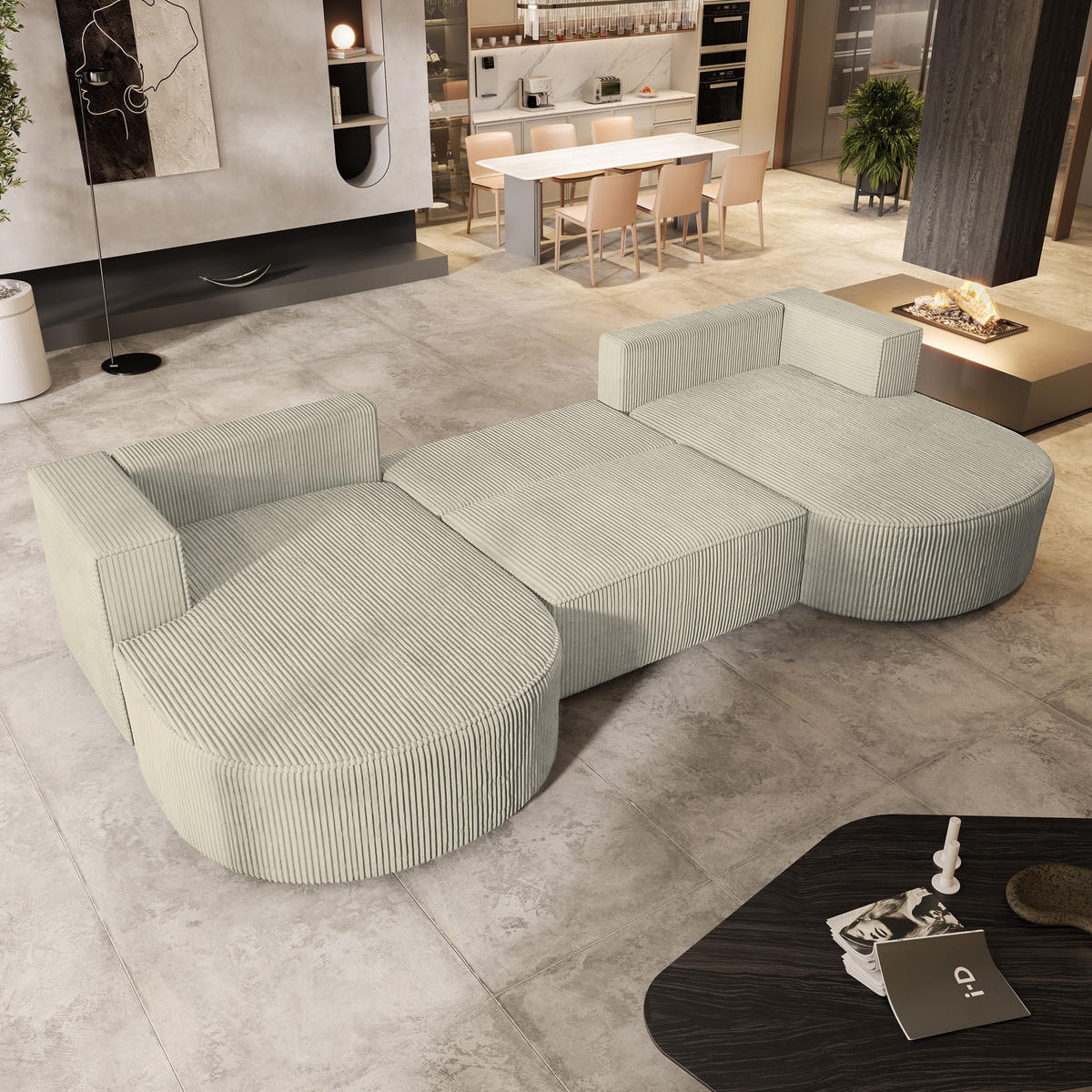 WOHNLANDSCHAFT VEZZO P Creme Kordstoff mit Schlaffunktion - Creme, Holz (347/85/174cm) - MASSENO