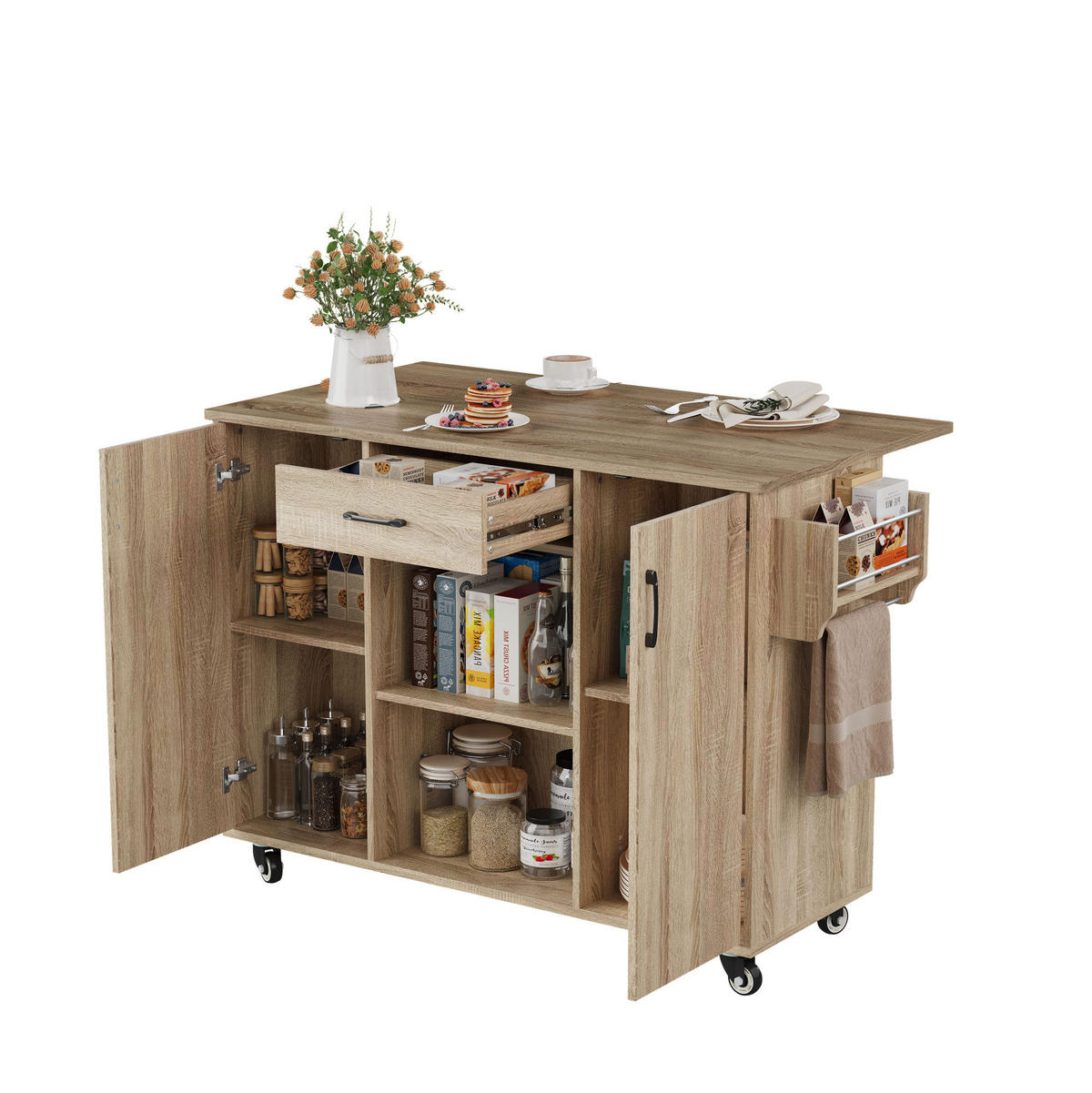 KÜCHENWAGEN mit klappbarer Arbeitsplatte 120 cm Natural - Naturfarben, Holz (67.5/92.8/136.5cm) - Beauniv