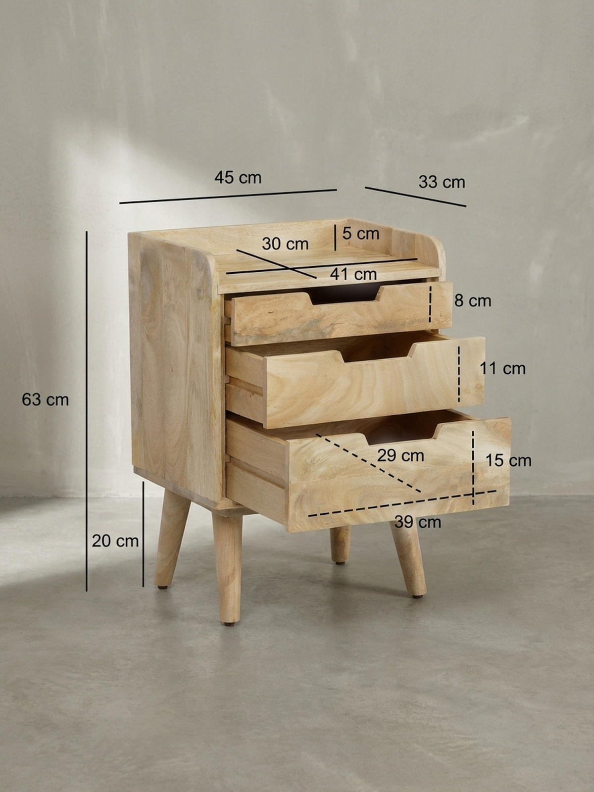 NACHTTISCH – Mango Massivholz, 45x33x63 cm, Hellbraun, 3 Schubladen, Ablage - Braun, Holz (45/63/33cm) - KADIMA DESIGN