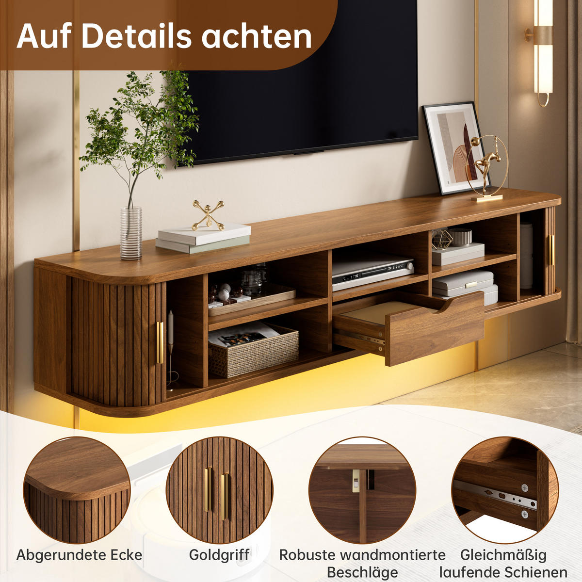 TV-BOARD Wandhängend MDF LED Rillenoptik Wohnzimmer - Walnussfarben, Holzwerkstoff (175/30/30cm) - FLIEKS