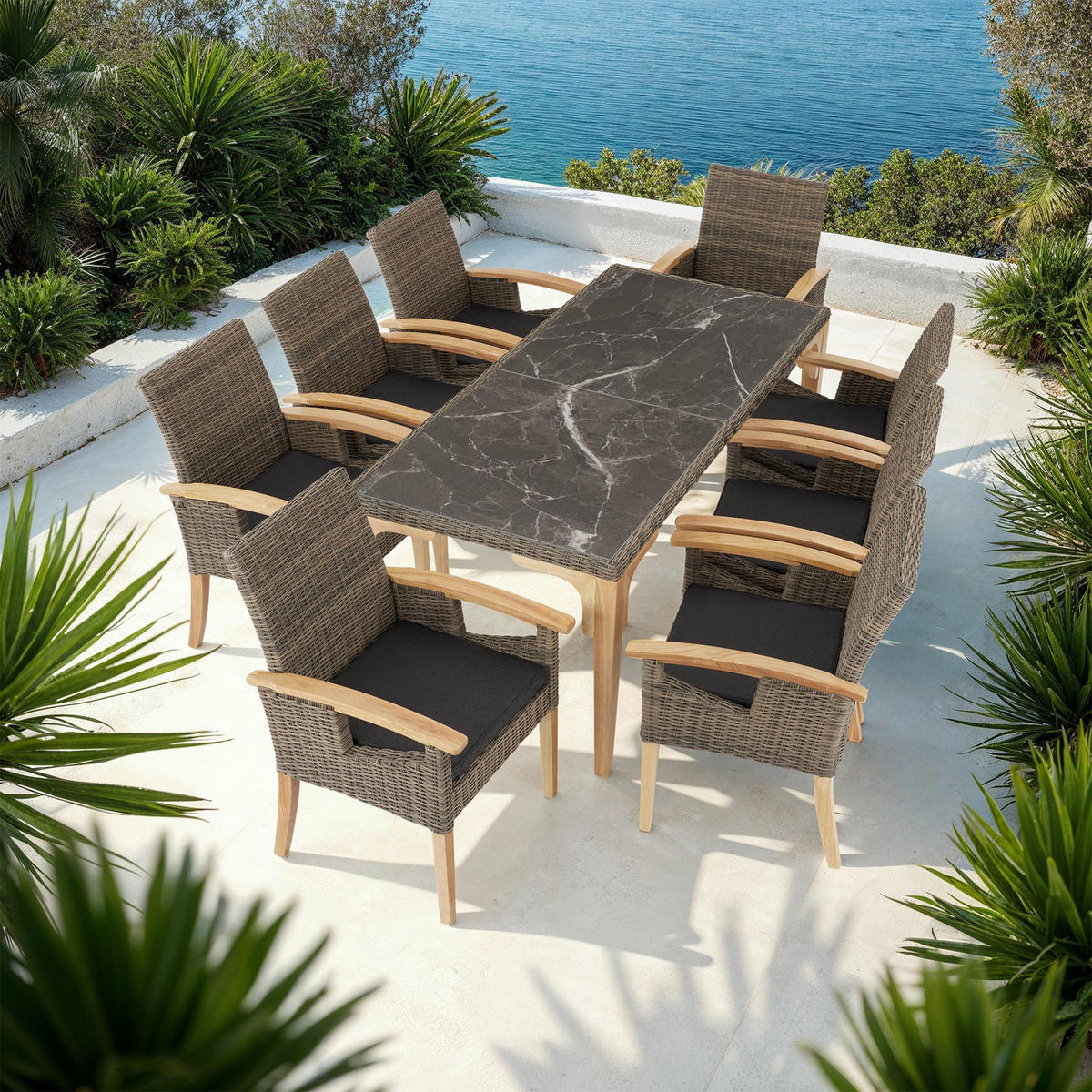 GARTENTISCH Foggia mit 8 Stühlen Rosarno, Armlehnen und Beine aus Holz, natur - Naturfarben, Kunststoff - tectake