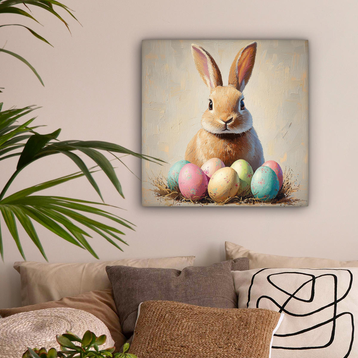 LEINWANDBILD Osterhase - Pastell - Eier Wandbild Wohnzimmer 50x50 cm - Beige, Textil (50/50cm) - MuchoWow