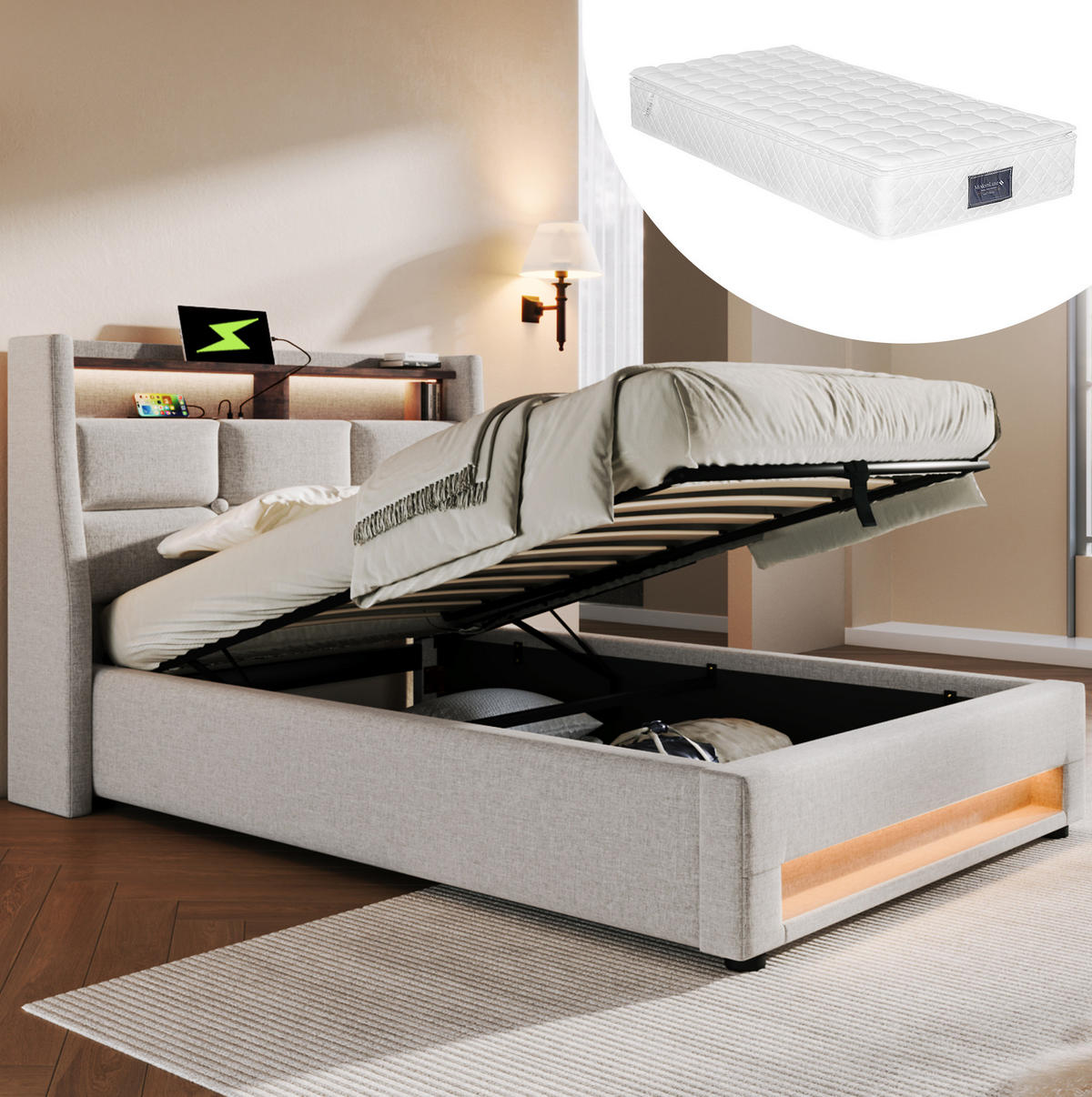 POLSTERBETT aus Leinen 90x200 cm Hellbeige mit Bettkasten, LED-Beleuchtung, USB und Matratze - Beige, Textil (90/200cm) - IVMEU