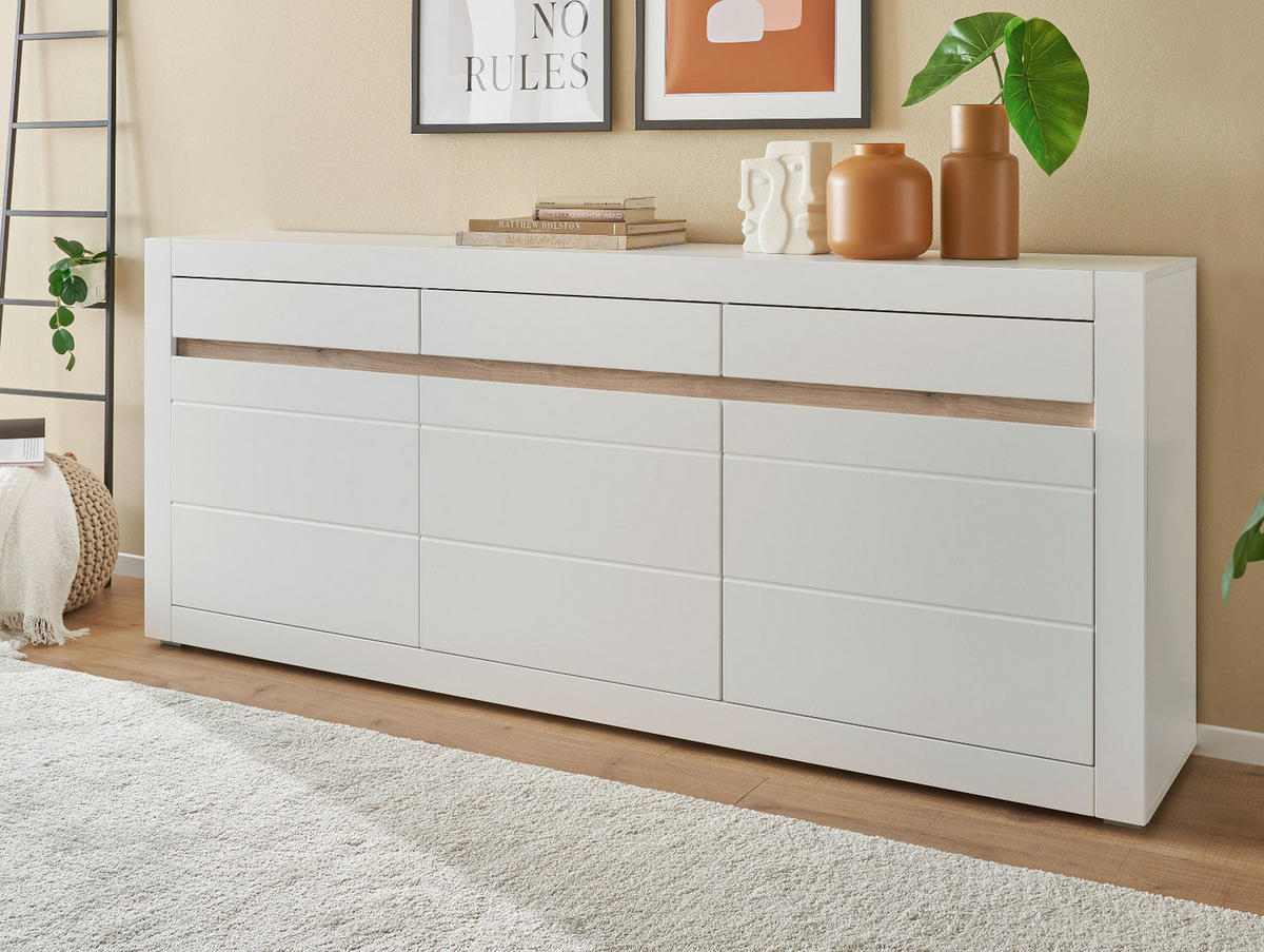 SIDEBOARD weiß matt, Evoke Eiche, Kommode 217 x 90 cm, Soft-Close-Funktion - Eichefarben/Silberfarben, Holzwerkstoff/Kunststoff (217/90/42cm) - Furn.Design