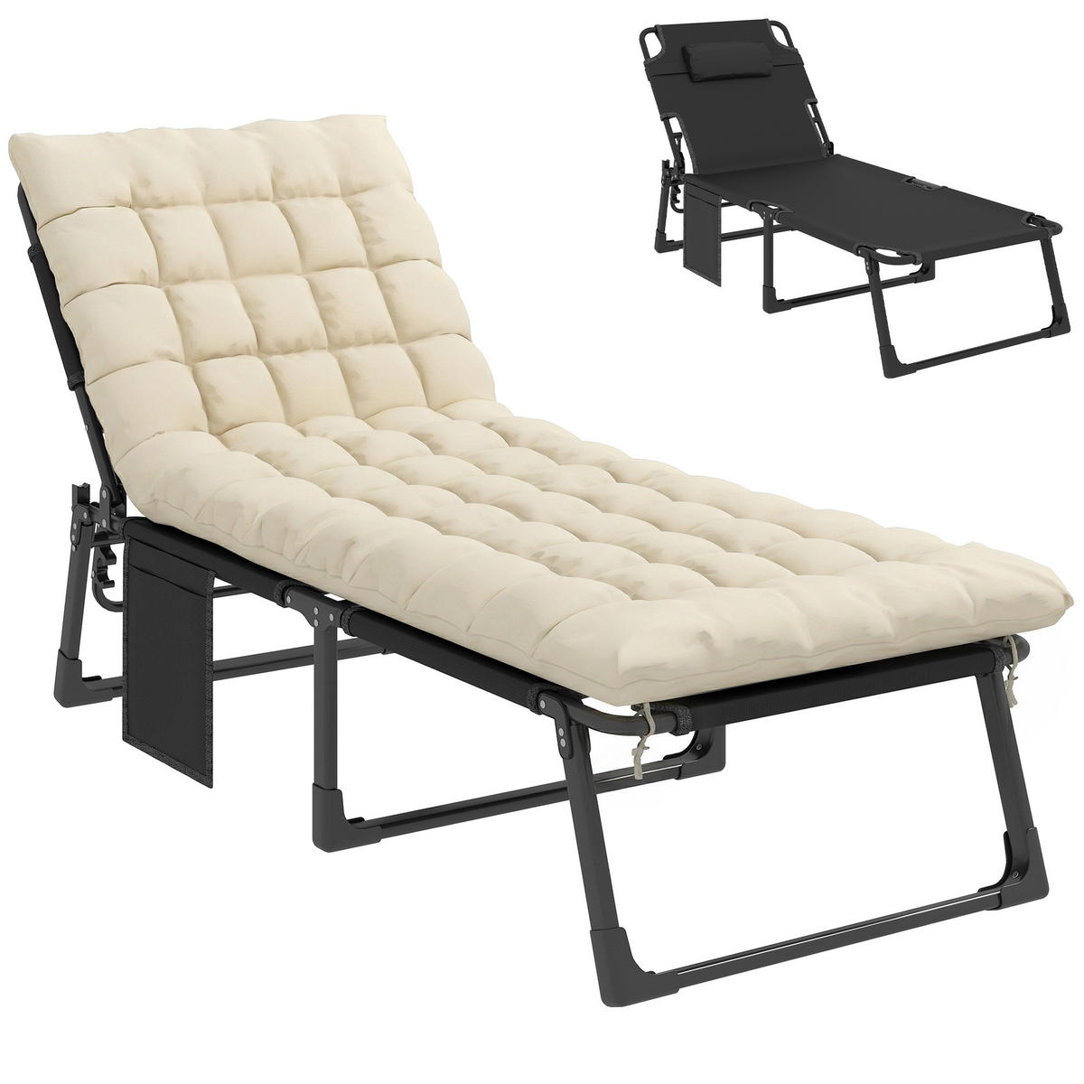 SONNENLIEGE Klappbar Breite Gartenliege mit 5-fach Verstellbar Rückenlehne gepolsterter Matratze Kopfstütze Seitentasche - Creme, Metall (190/34/68cm)