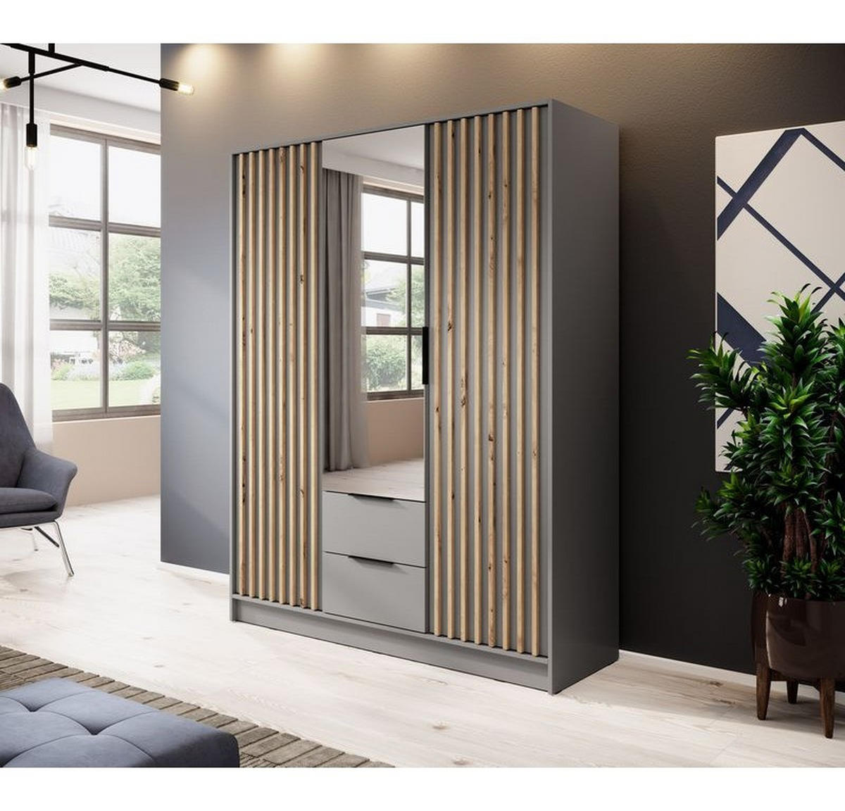 KLEIDERSCHRANK – 155 cm – Nelly – Grau - Grau, Holzwerkstoff (155/200/51cm) - hi-markt
