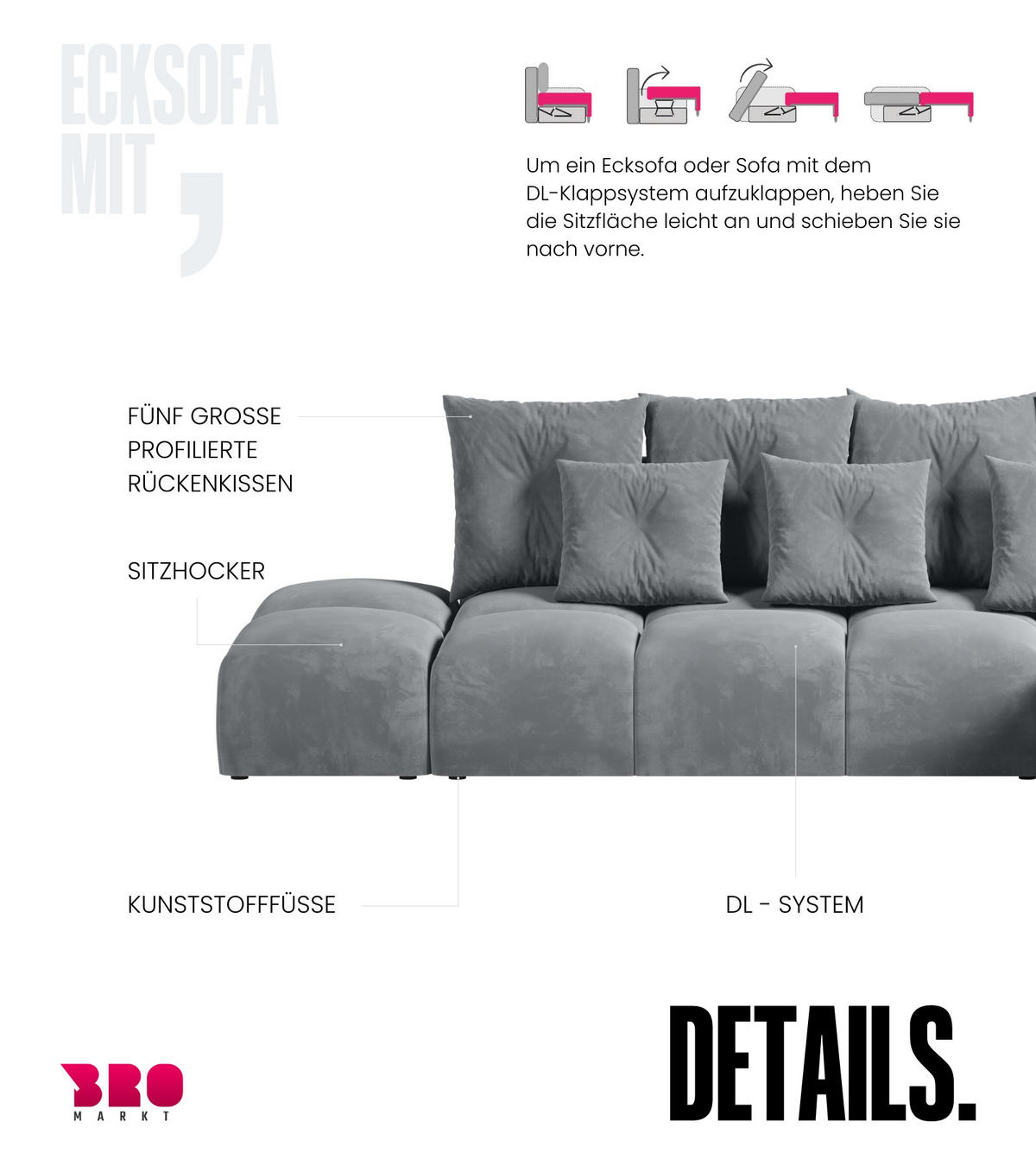 ECKSOFA mit Schlaffunktion RAMIRO Hellgrau - Grau, Textil (325/185cm)