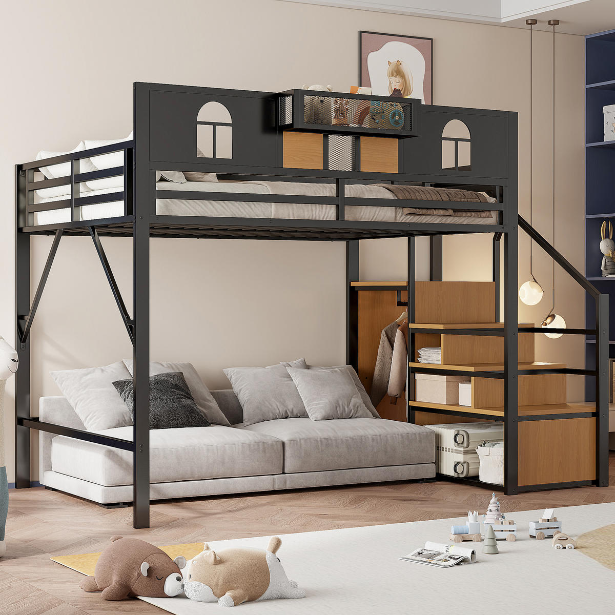 HOCHBETT 140/200 cm schwarz mit Stauraumleiter und Ablagefläche mit Matratze - Schwarz, Metall (140/200cm) - OKWISH