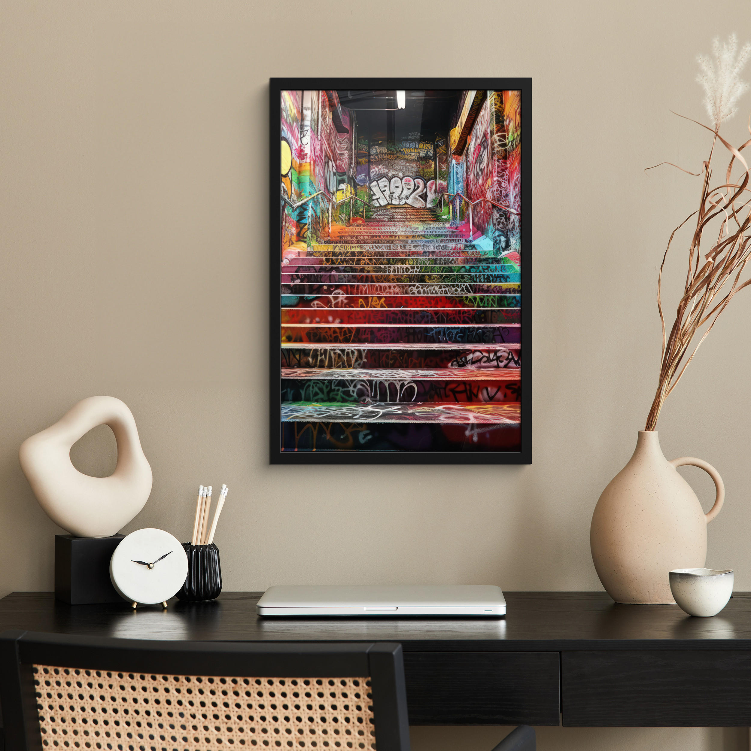 GERAHMTES BILD Treppe - Graffiti - Farben - Kunst 40x60 cm - Multicolor, Papier (40/60cm) - MuchoWow