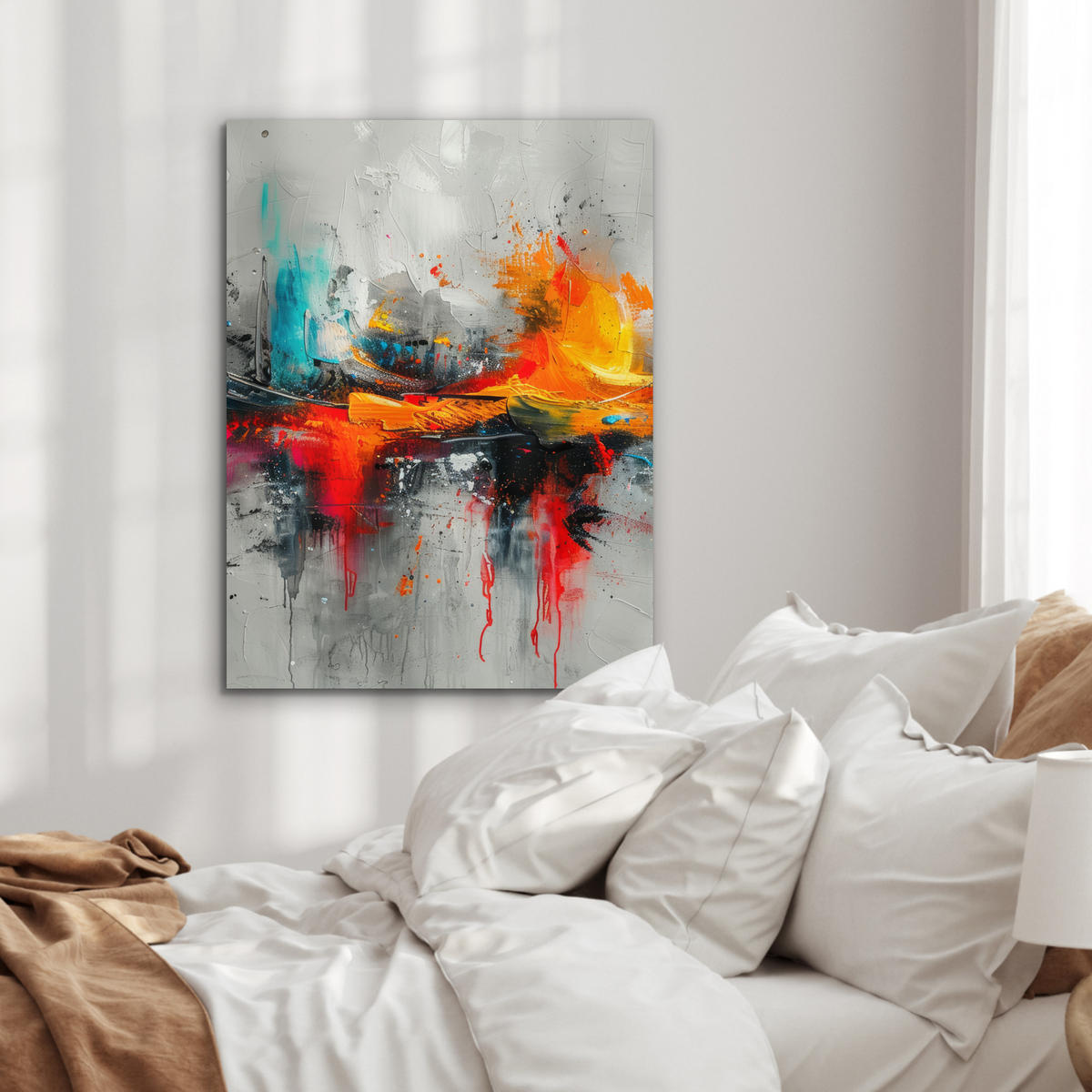 KOVOVÝ OBRAZ Moderné umenie - Oranžová - Sivá - Abstraktné 60x80 cm - svetlosivá, kov (60/80cm) - MuchoWow