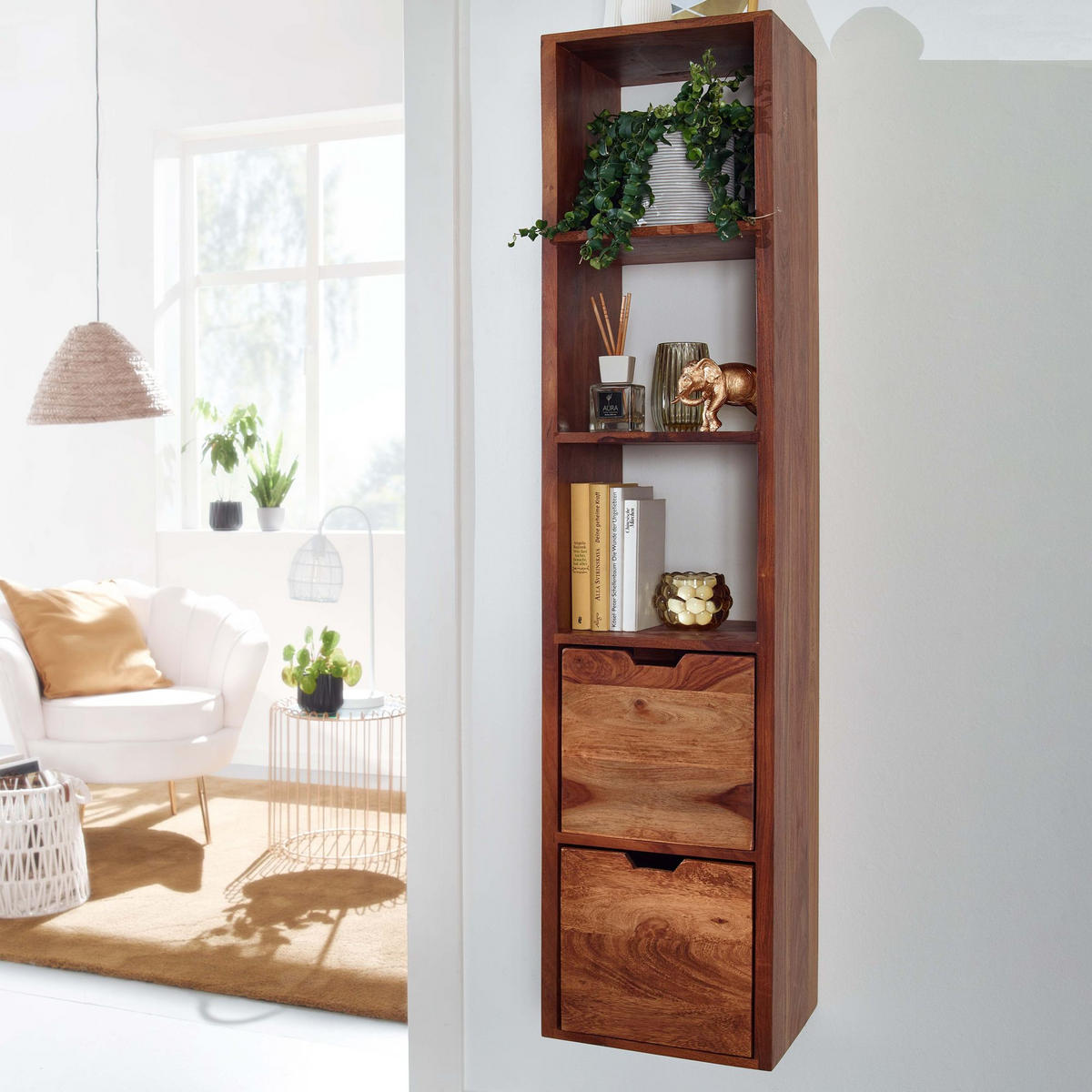 WANDREGAL Massivholz Modern Stil Flexibel mit 5 Ablagen und 2 Schubladen - Braun, Holz (35/150/30cm) - KADIMA DESIGN