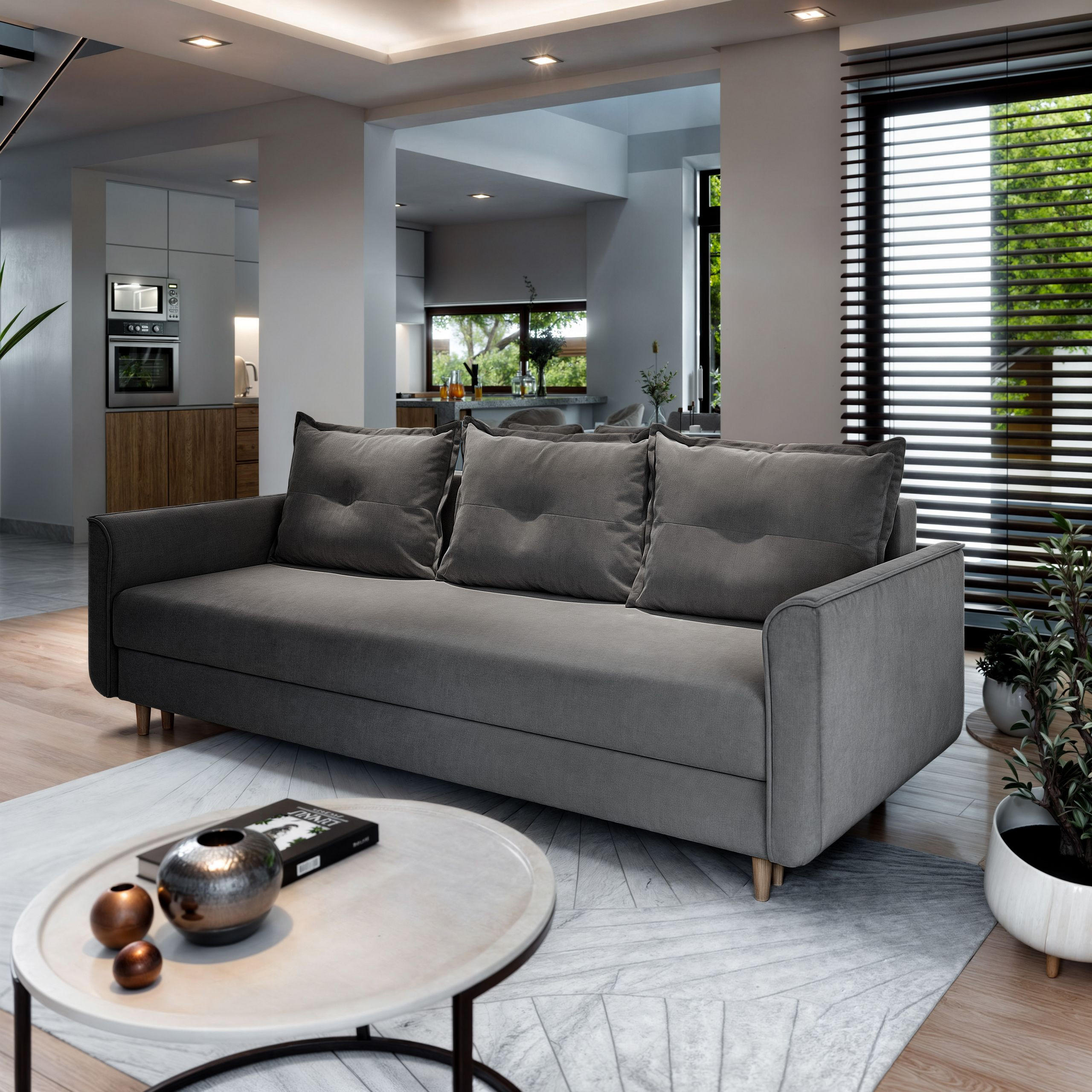 BETTSOFA NAPOL Grau Plüsch-Stoff mit Schlaffunktion - Grau, Textil (220/93/87cm) - MASSENO