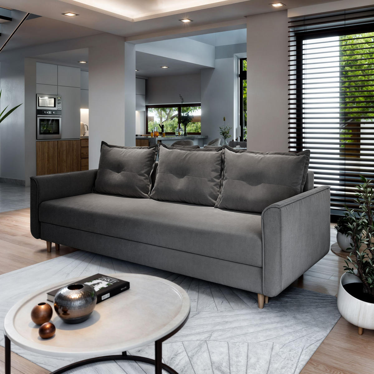 BETTSOFA NAPOL Grau Plüsch-Stoff mit Schlaffunktion - Grau, Textil (220/93/87cm) - MASSENO