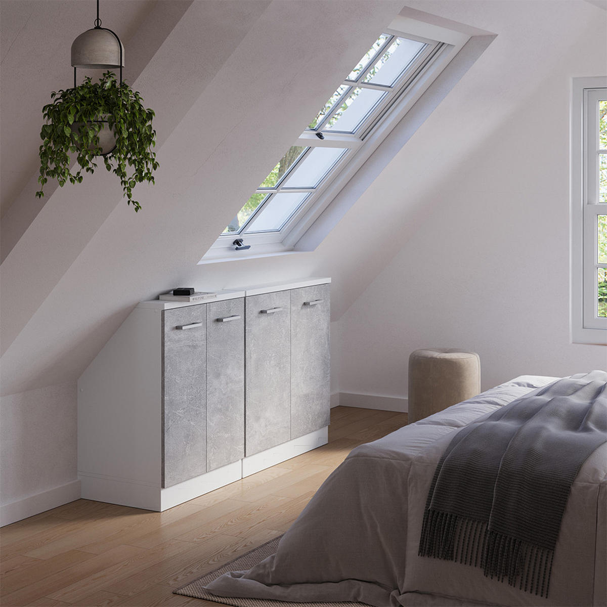 KUCHYŇSKÁ SKŘÍŇKA POD ŠIKMOU STŘECHU R-Line Beton/bílá - bílá/šedá, kompozitní dřevo (140/81.6/46cm) - Vicco