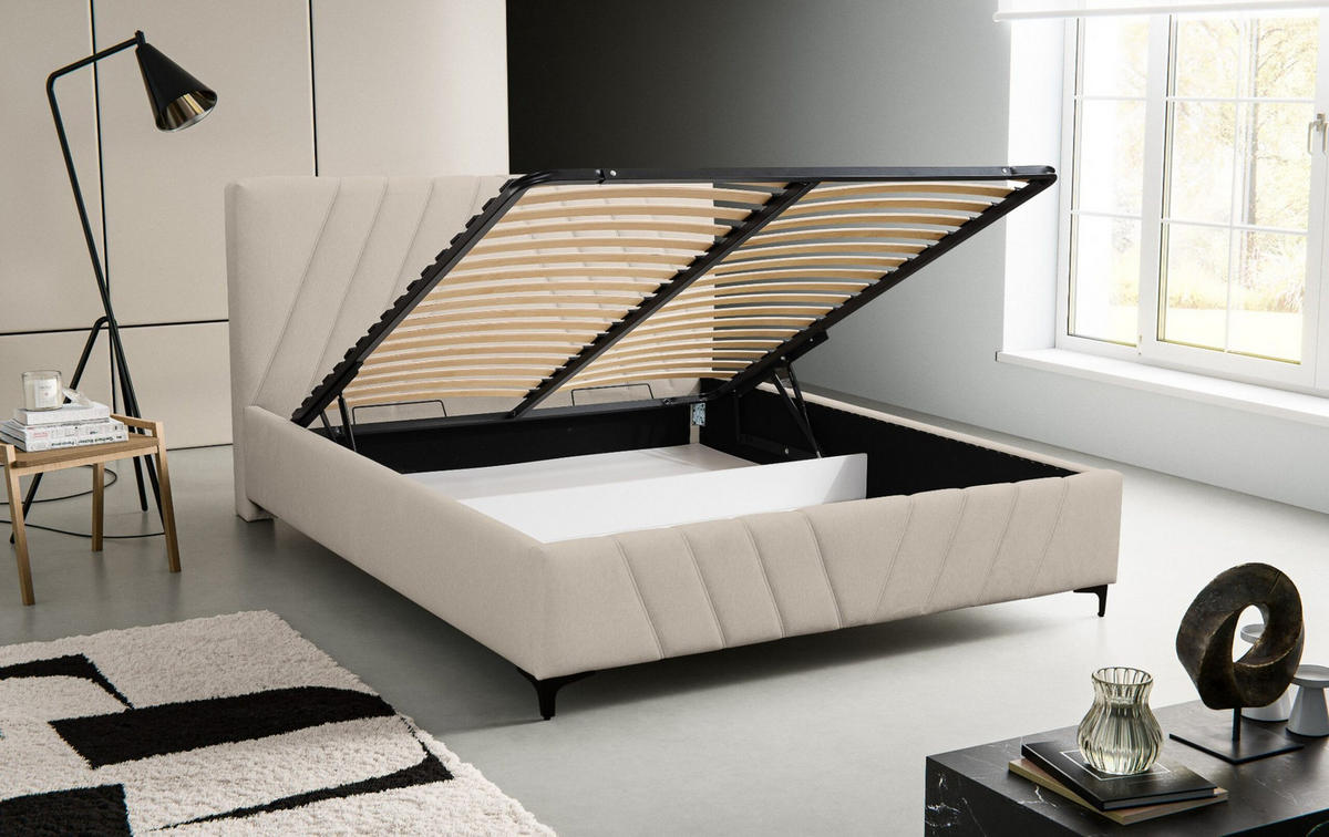 POLSTERBETT Capri mit Kopfteil, 140 x 200 cm, mit Bettkasten und Lattenrost aus Metall, Velourstoff, Frabe: Beige - Beige, Holz/Kunststoff (140/200cm) - VENASI MÖBEL