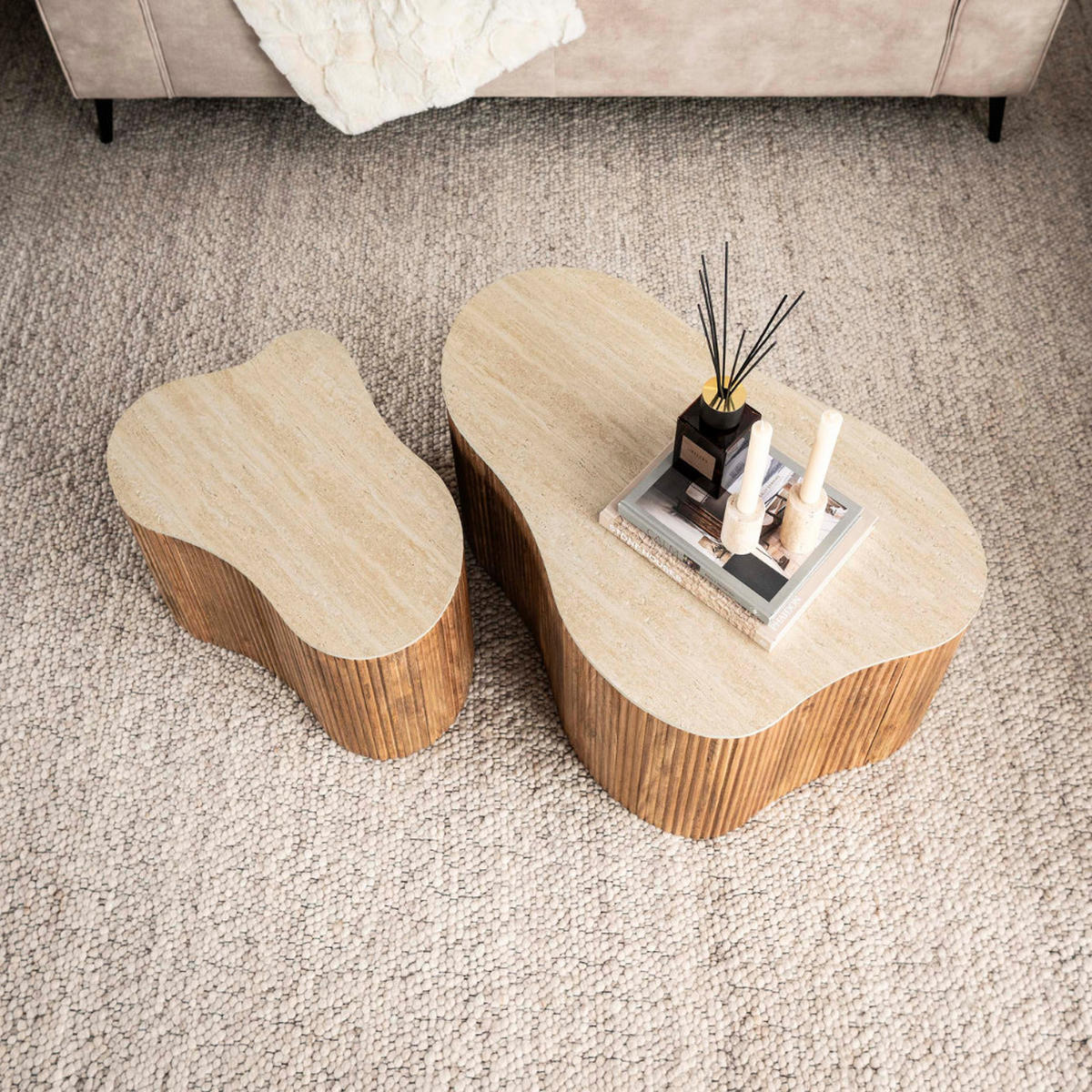 COUCHTISCH-SET TULLIO SASSO Organische Satztische mit Travertin-Keramik - Beige/Braun, Holz/Keramik (59/90/41cm) - alesvelt