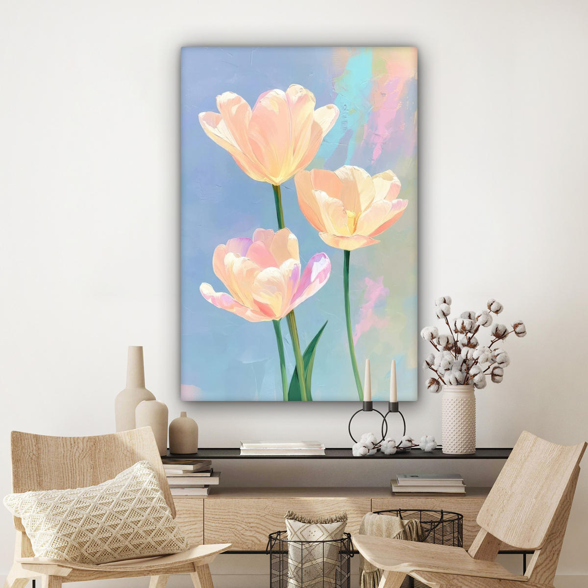 LEINWANDBILD Tulpen - Rosa Akzente - Blau Deko Groß 90x140 cm - Pastellblau, Textil (90/140cm) - MuchoWow