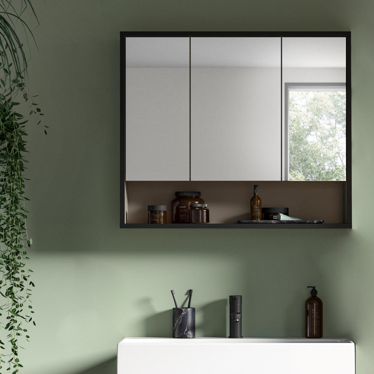 SPIEGELSCHRANK schwarz, sand 80 cm 3-türig, Badschrank mit Soft-Close - Sandfarben/Schwarz, Glas/Holzwerkstoff (80/68/19cm) - Inn.Furn