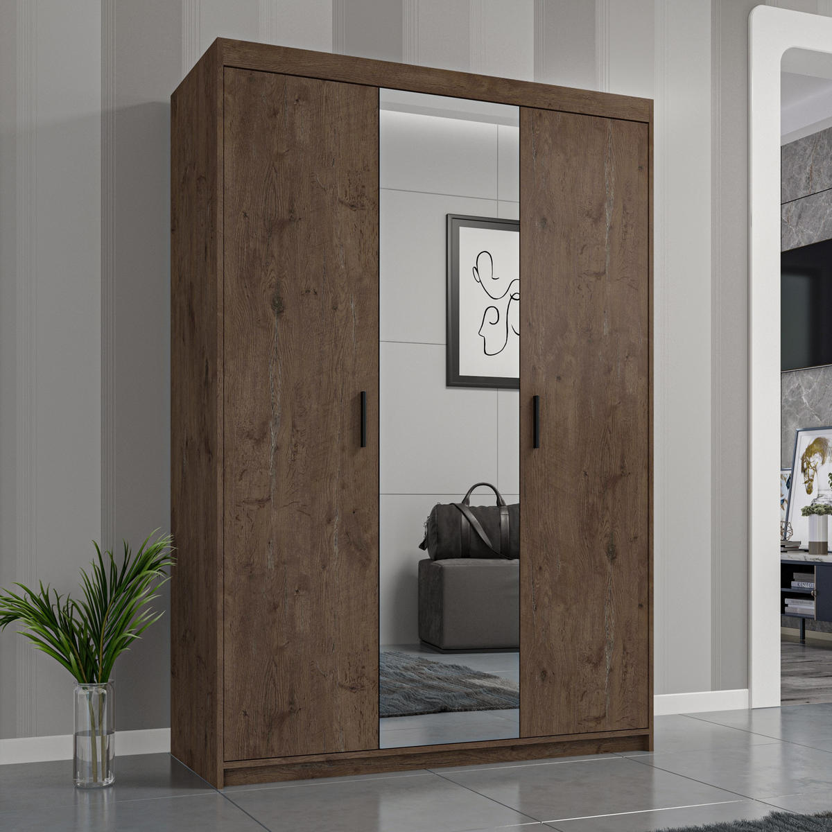 DREHTÜRENSCHRANK ELENORA 133/190,5/53cm 3-türig mit Spiegel Braun - Braun, Holzwerkstoff (133/190.5/53cm) - MASSENO