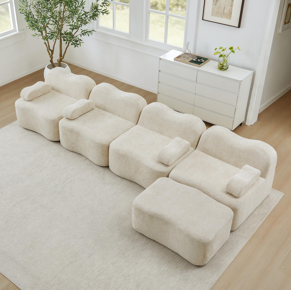 ECKSOFA 384/167/70 cm in Beige aus Samt mit Ottomane - Beige, Textil (167/384cm) - Flora Grace