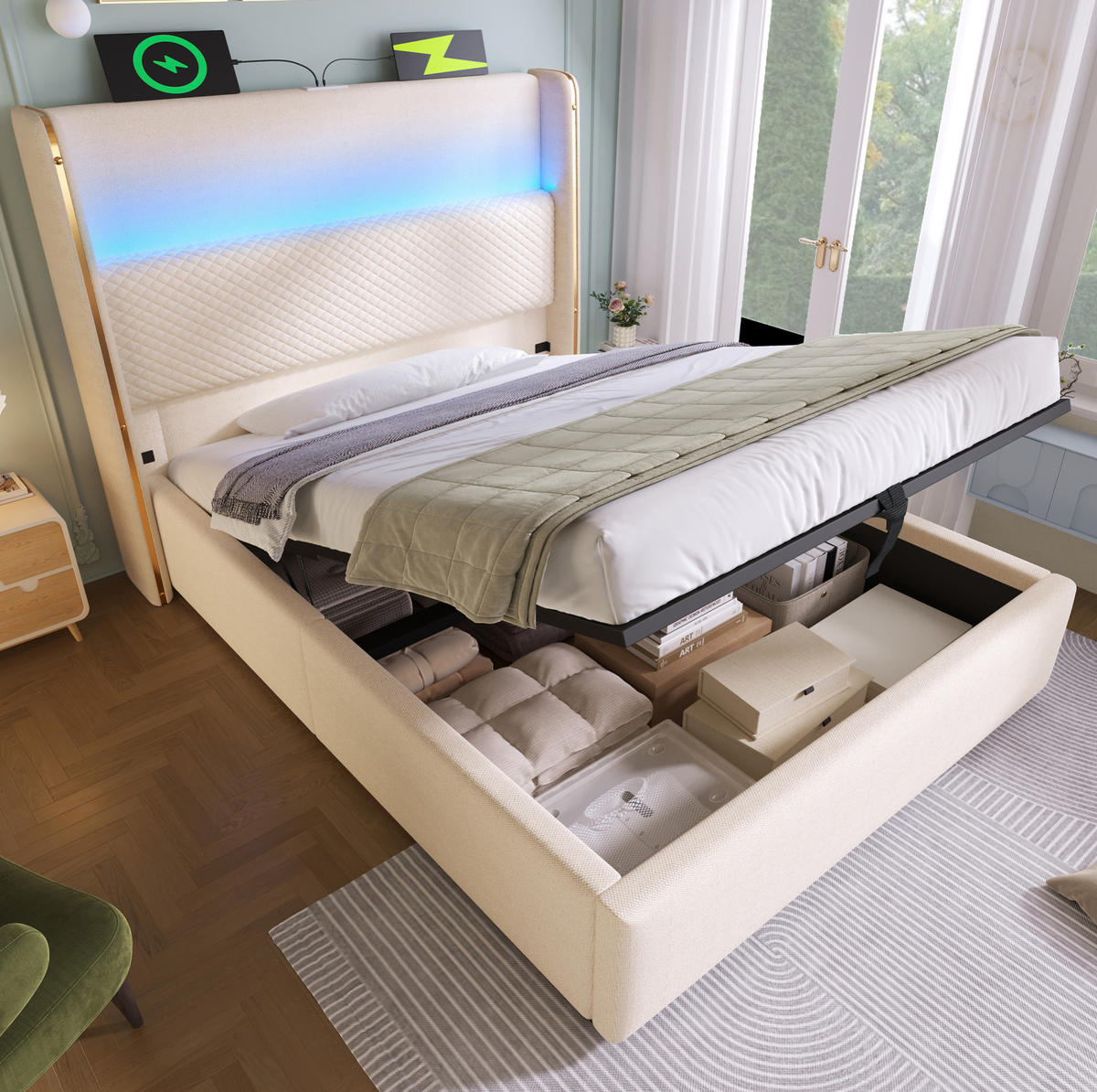 ČALOUNĚNÁ postel 90/200 cm béžová z lnu s LED osvětlením USB-C a úložným prostorem - béžová, textil (90/200cm) - OKWISH