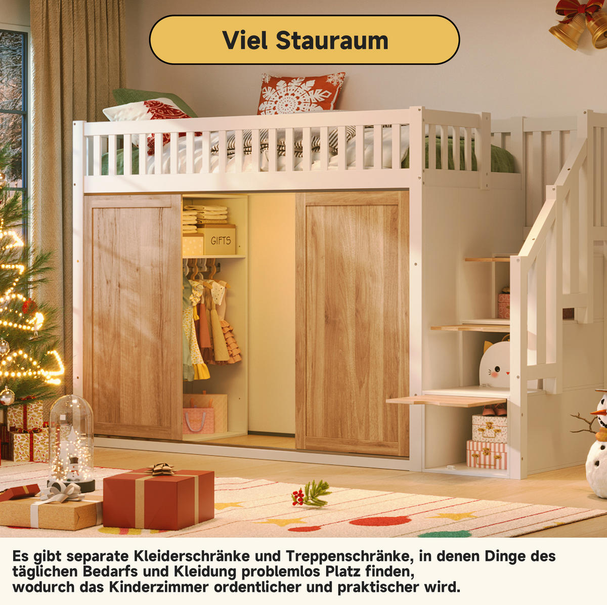 HOCHBETT 90/200 cm Weiß/Eiche mit Kleiderschrank und Treppe ohne Matratze - Weiß, Holz (90/200cm) - MIVRAY