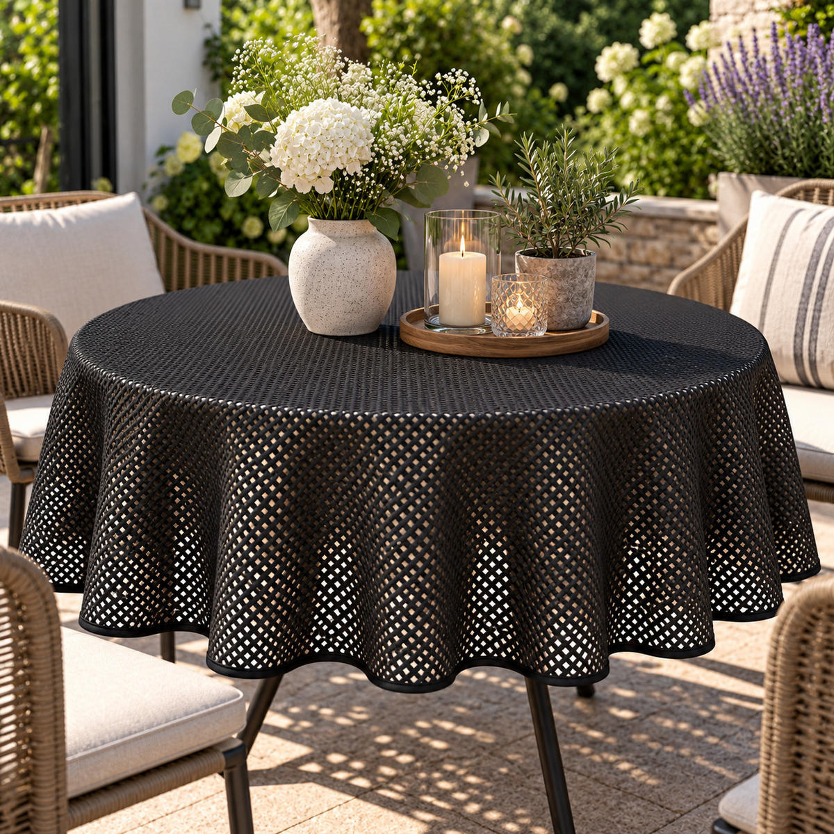 TISCHDECKE Gartentischdecke Karo Schwarz 140 cm rund - Schwarz, Kunststoff (140cm) - TiborTex