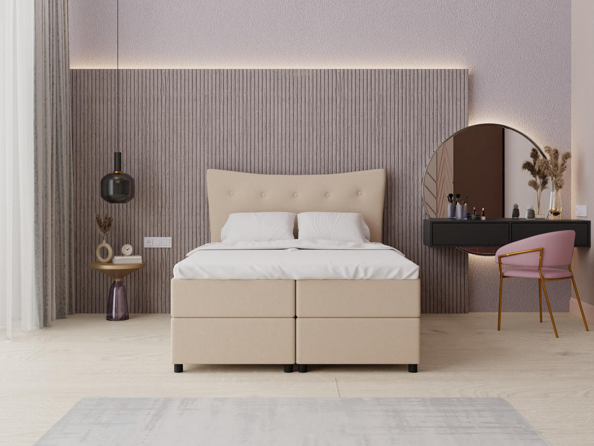 BOXBETT Nevada 140 x 200 cm Doppelbett mit hochwertiger Bonell-Matratze und Topper - beige - Beige, Holz (140/200cm) - Panda Möbel