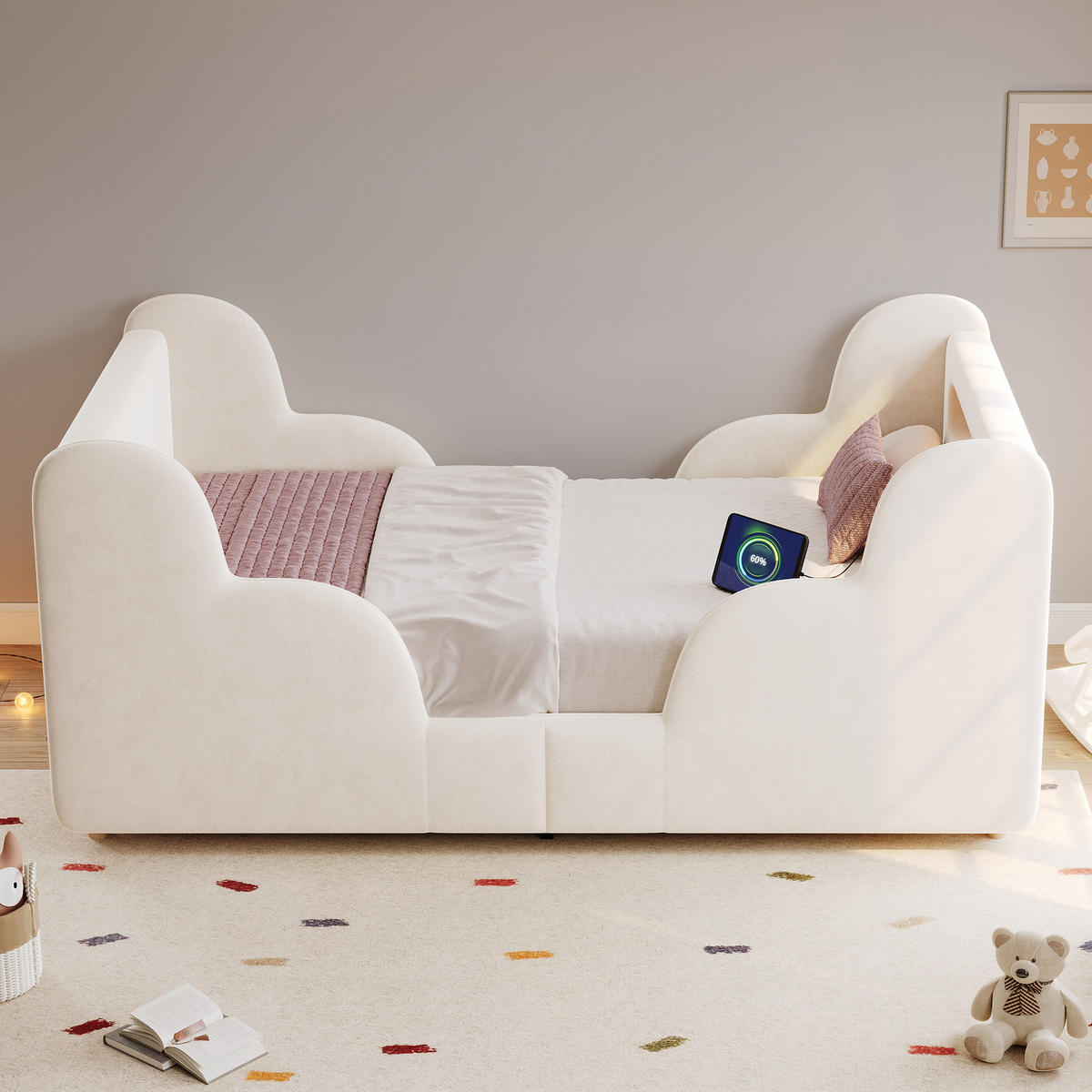 KINDERBETT Beige Samt 90x200 Schutzgeländer Massivholz - Beige, Textil (90/200cm) - FLIEKS