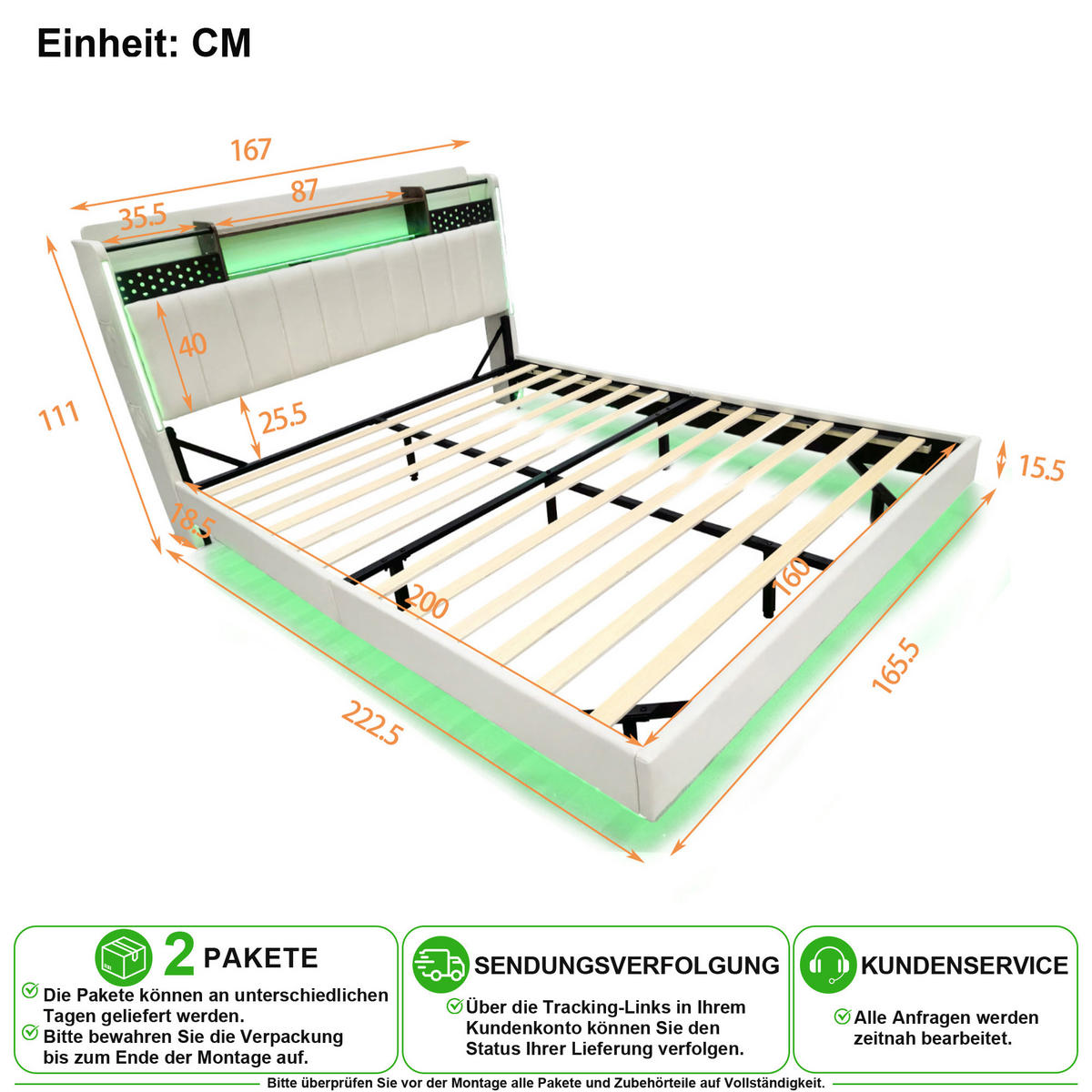 POLSTERBETT 160/200 cm in Beige mit LED, USB und Stauraum - Beige, Holzwerkstoff/Textil (160/200cm) - CHICFURN