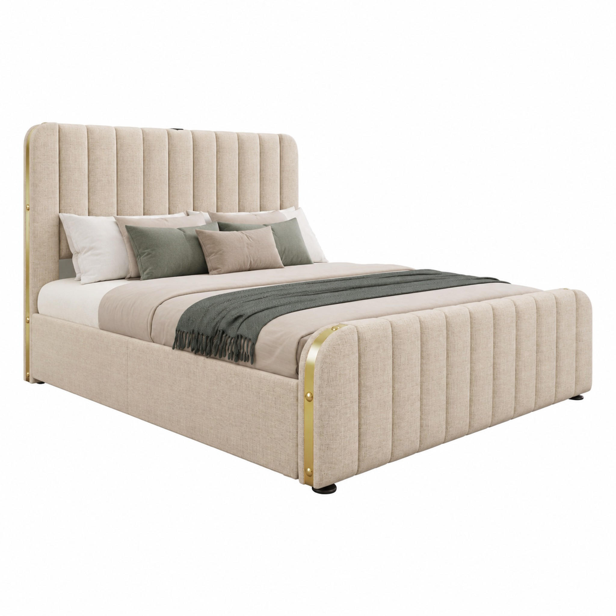 POLSTERBETT mit Stauraum, Matratze & USB 140x200 cm Leinen Beige - Beige, Metall (140/200cm) - Meubliv