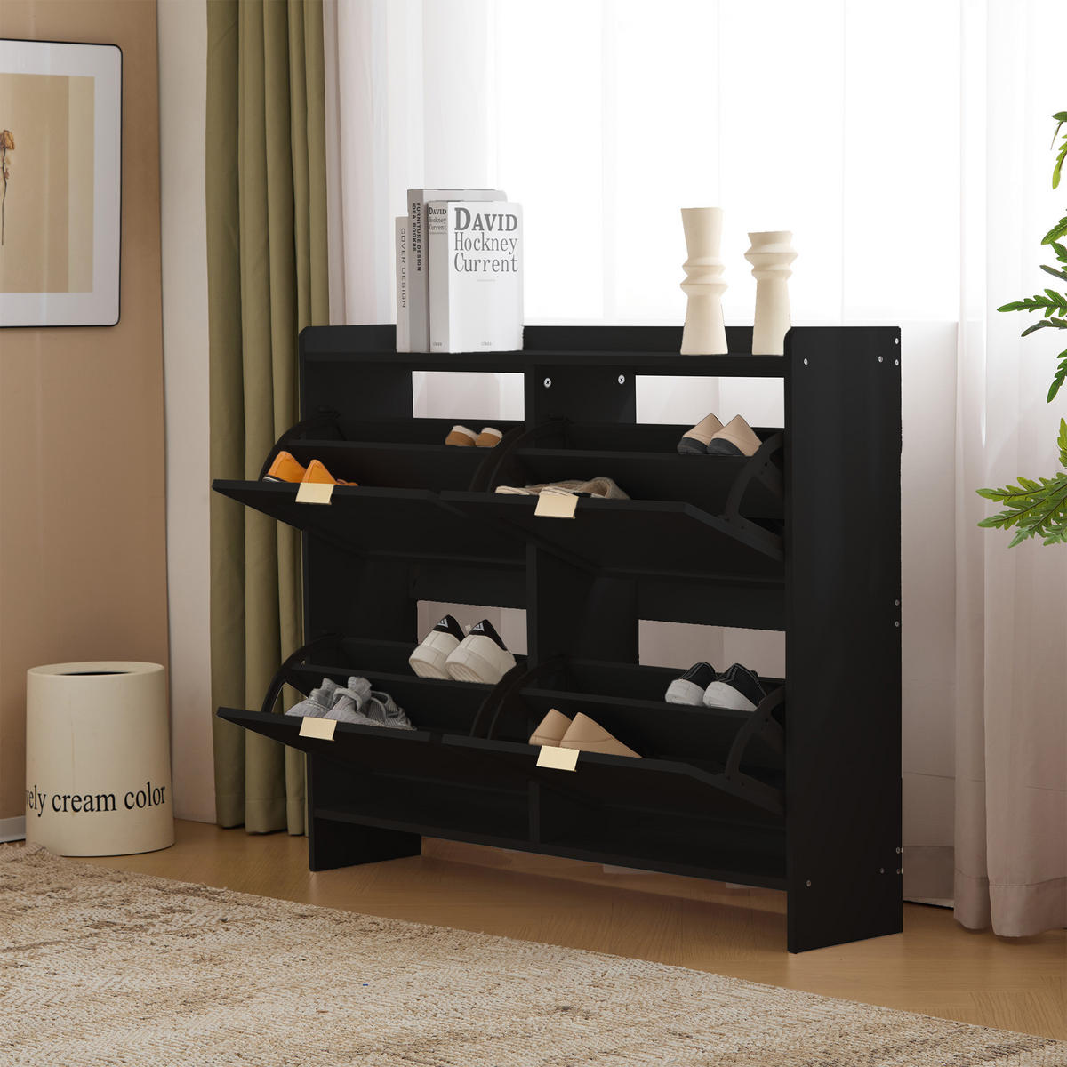 SCHUHSCHRANK mit 4 Klappenfächern und offenen Ablagen Schwarz 110/24/90 cm - Schwarz, Holzwerkstoff (110/90/24cm) - EVRYAE