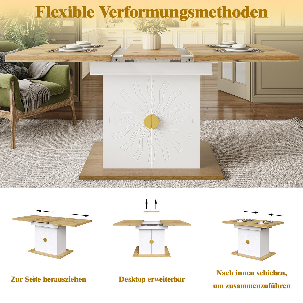 AUSZIEHTISCH 110/70/76 cm Weiß mit Stauraum MDF Tisch mit Sonnen-Relief - Weiß, Holzwerkstoff (110/70/76.5cm) - OKWISH